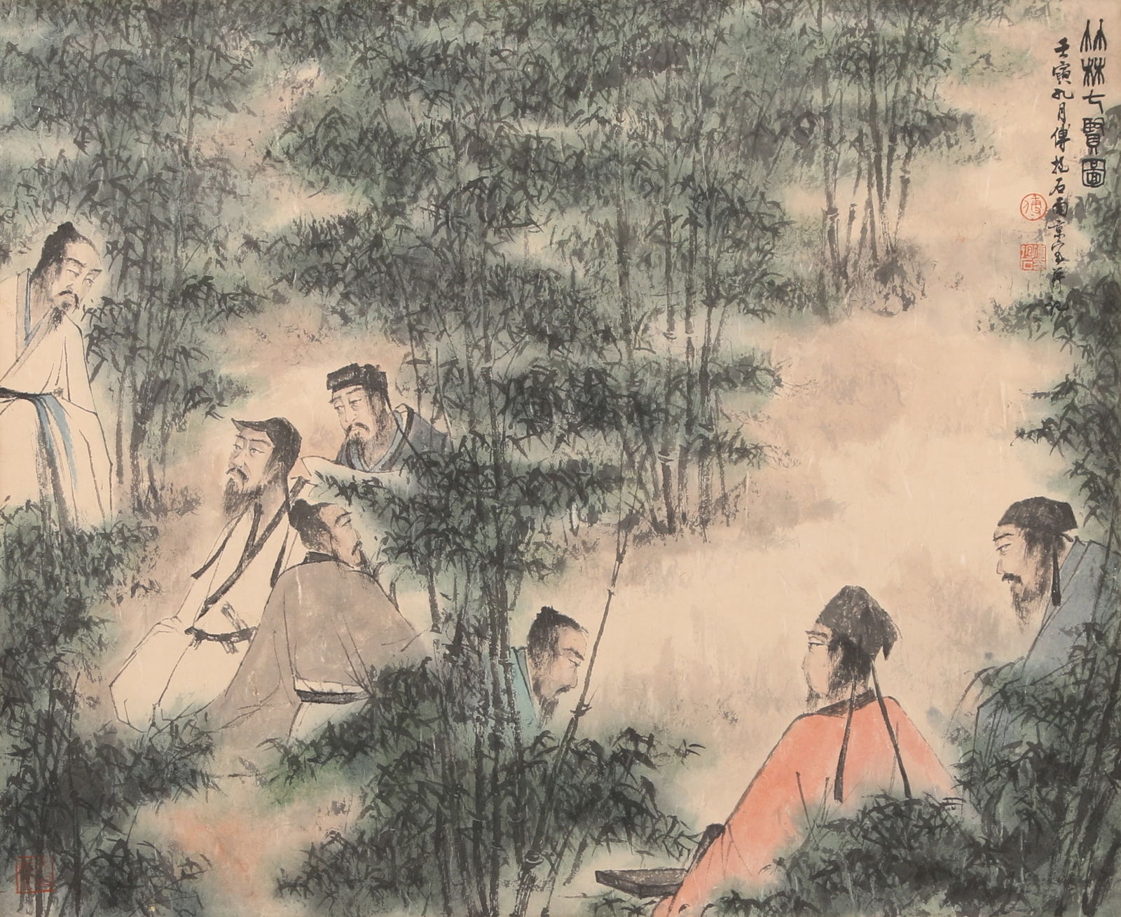 A "SEVEN SAGES OF THE BAMBOO GROVE" PAINTING ON PAPER BY FU BAOSHI.傅抱石: "Seven Sages of the Bamboo Grove" Painting on Paper by Fu Baoshi.傅抱石