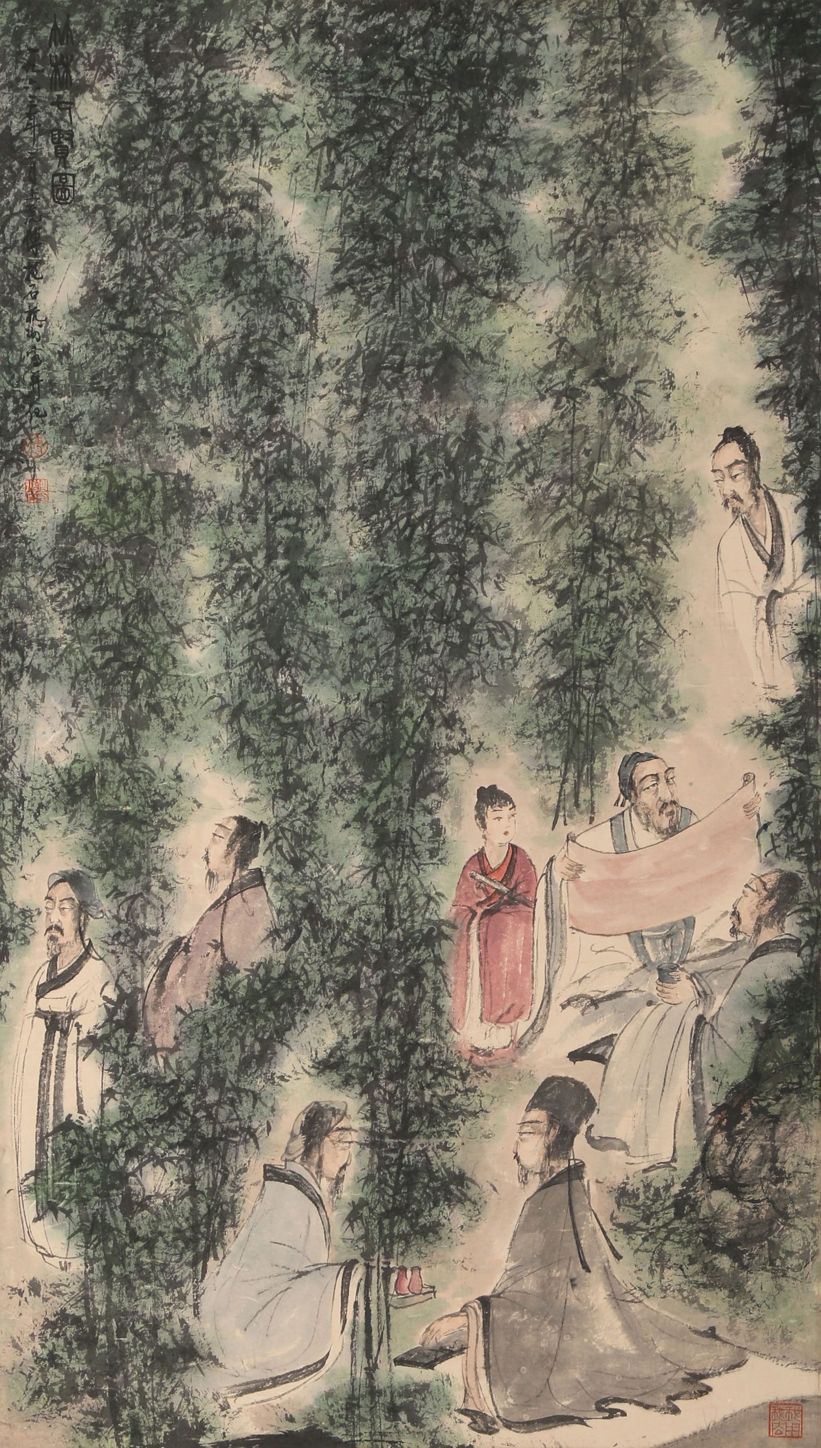A "SEVEN SAGES OF THE BAMBOO GROVE" PAINTING ON PAPER BY FU BAOSHI.傅抱石: "Seven Sages of the Bamboo Grove" Painting on Paper by Fu Baoshi.傅抱石
