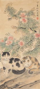 A DOUBLE CAT PAINTING ON PAPER BY XU BEIHONG.徐悲鸿: Double cat painting on paper by Xu Beihong.&#24464;&#24754;&#40511;