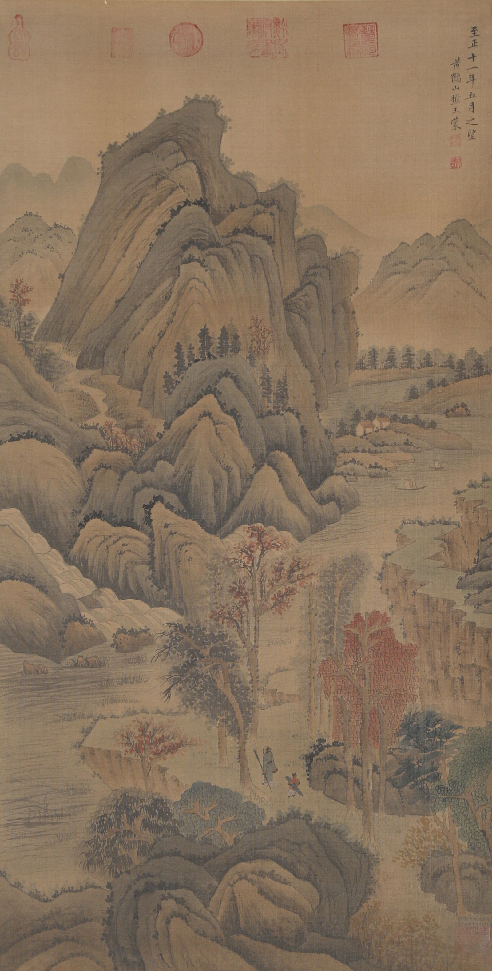 A LANDSCAPE PAINTING ON SILK BY WANG MENG.王蒙: Landscape painting on silk by Wang Meng.王蒙
