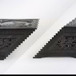 A ZITAN DRESSING CASE WITH "CARP LEAPING OVER THE DRAGON GATE" MOTIF: Zitan Dressing Case with "Carp Leaping over the Dragon Gate" Motif