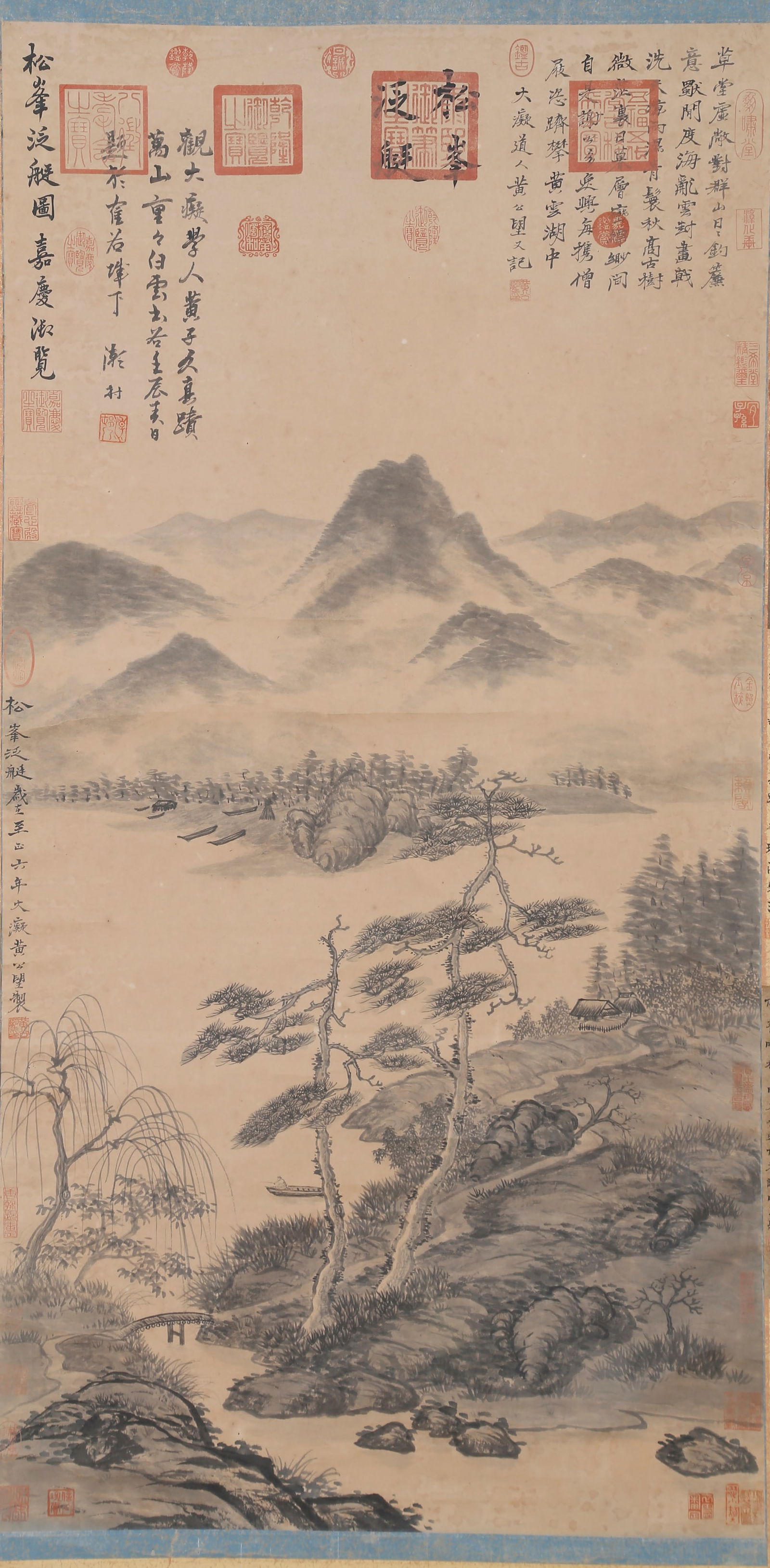 A "BOATING BY PINE PEAKS" ON PAPER BY HUANG GONGWANG.黄公望: "Boating by Pine Peaks" on Paper by Huang Gongwang.黄公望