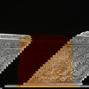A QING DYNASTY GILT BRONZE BUDDHA PATTERN BOX: Qing Dynasty gilt bronze Buddha pattern box