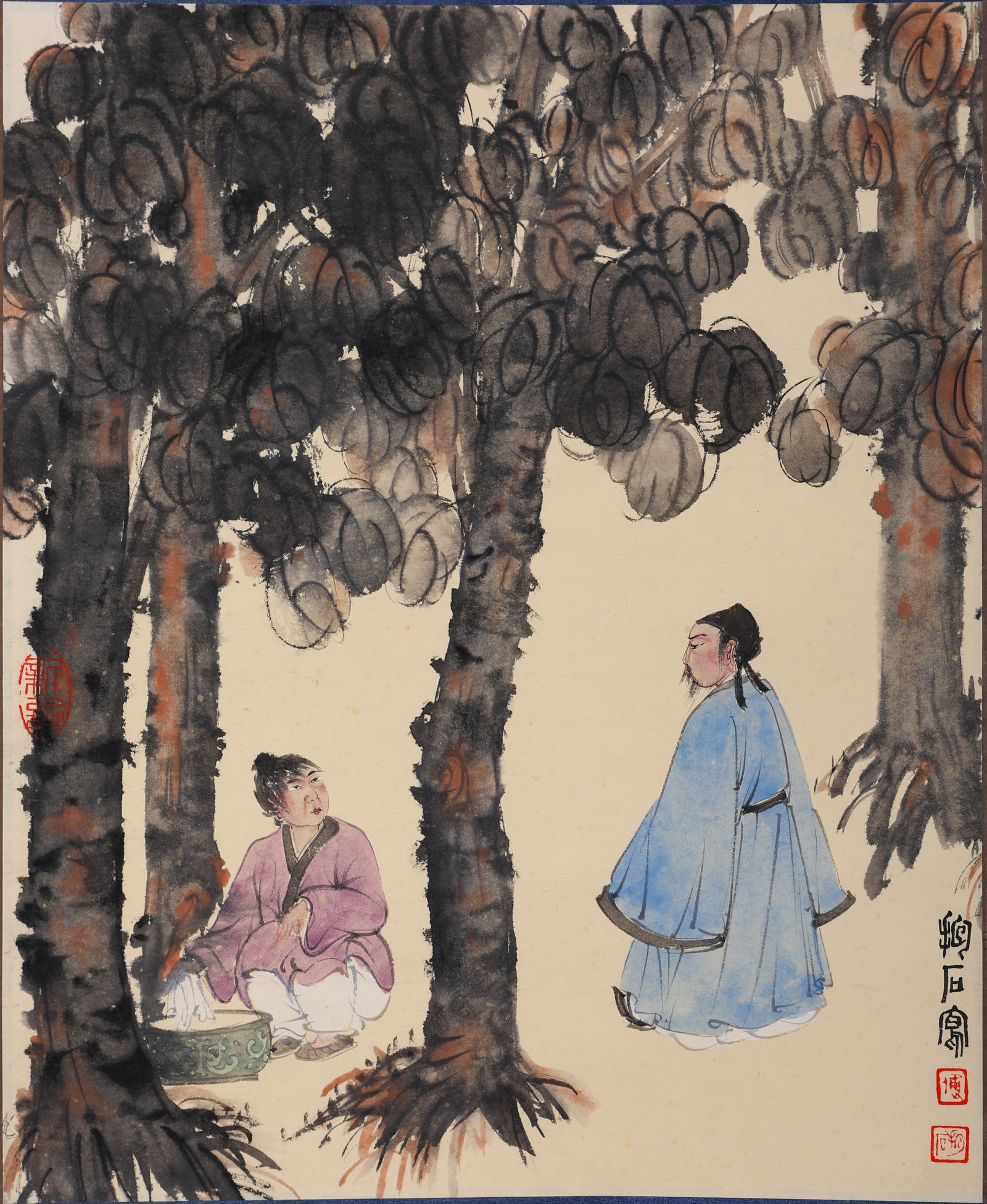 A FIGURE STORY PAINTING ON PAPER BY FU BAOSHI.傅抱石: Figure story painting on paper by Fu Baoshi.傅抱石