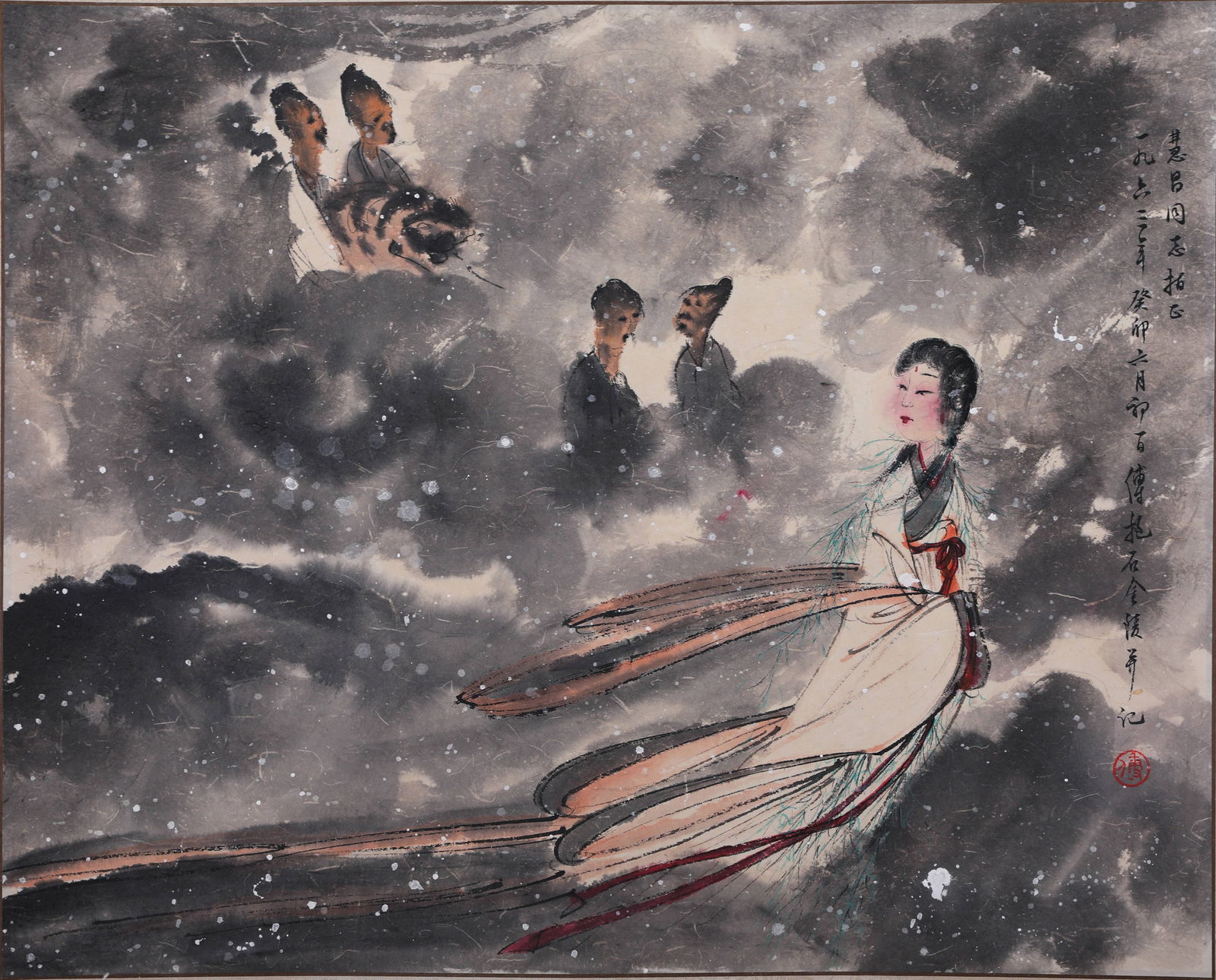 A LADY PAINTING ON PAPER BY FU BAOSHI.傅抱石: Lady painting on paper by Fu Baoshi.傅抱石