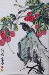 A FLOWERS AND BIRDS PAINTING ON PAPER BY XU LINLU.许麟庐: Flowers and birds painting on paper by Xu Linlu.&#35768;&#40607;&#24208;