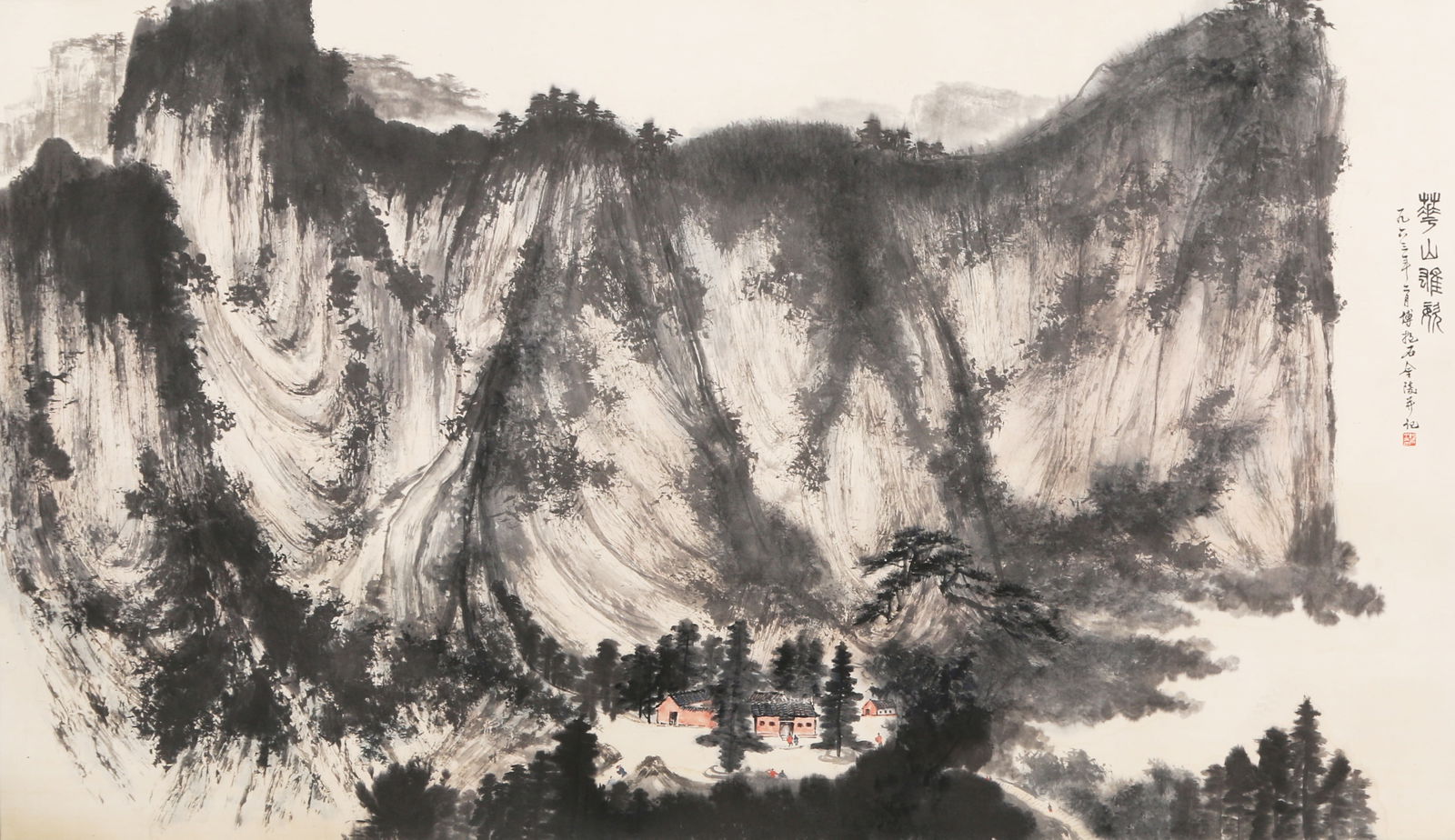 A LANDSCAPE PAINTING (MOUNTED AS HANGING SCROLL) ON PAPER BY FU BAOSHI.傅抱石: Landscape painting (mounted as hanging scroll) on paper by Fu Baoshi.傅抱石