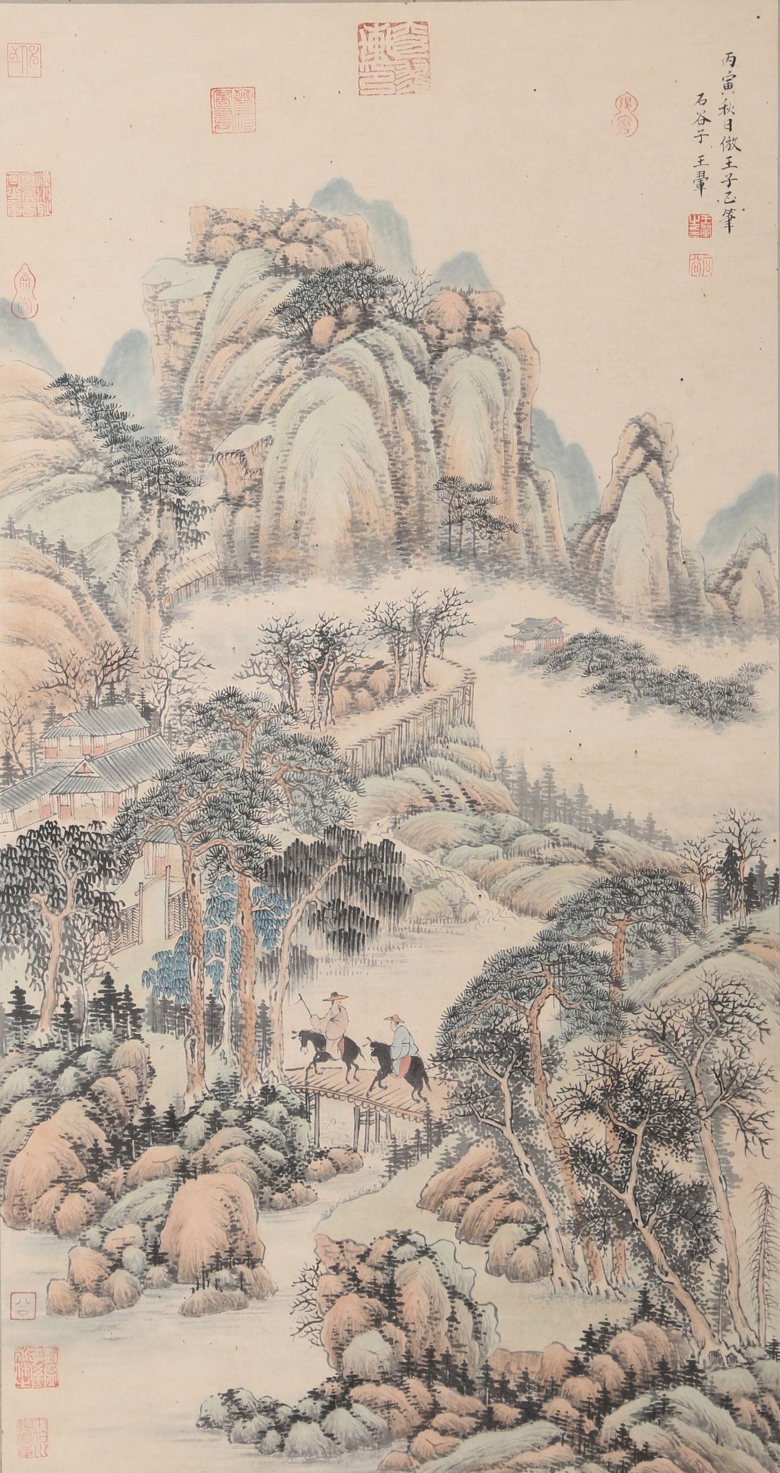 A VISITING FRIENDS IN AUTUMN MOUNTAINS ON PAPER BY WANG HUI.王翚: Visiting Friends in Autumn Mountains on Paper by Wang Hui.王翚