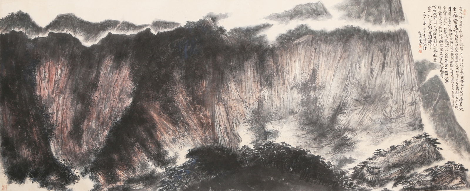 A LANDSCAPE PAINTING (MOUNTED AS HANGING SCROLL) ON PAPER BY FU BAOSHI.傅抱石: Landscape painting (mounted as hanging scroll) on paper by Fu Baoshi.傅抱石