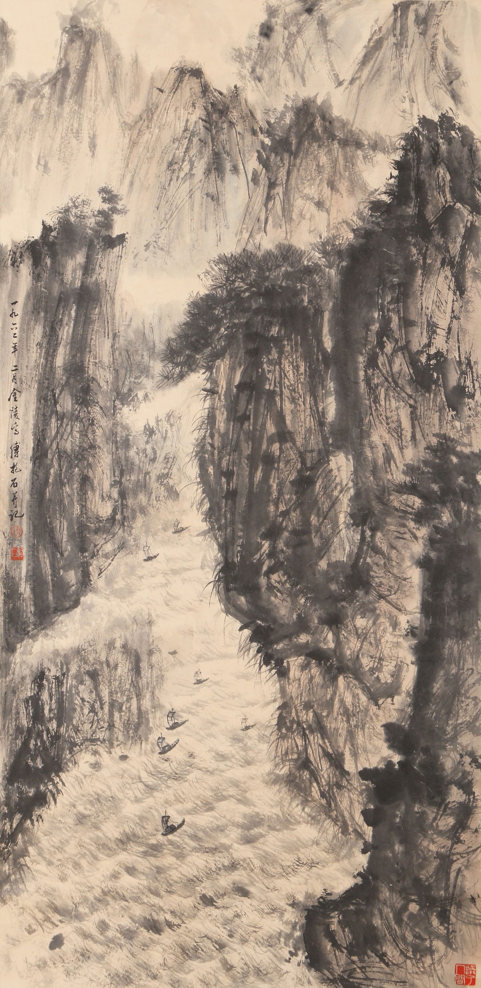 A LANDSCAPE PAINTING ON PAPER BY FU BAOSHI.傅抱石: Landscape painting on paper by Fu Baoshi.傅抱石