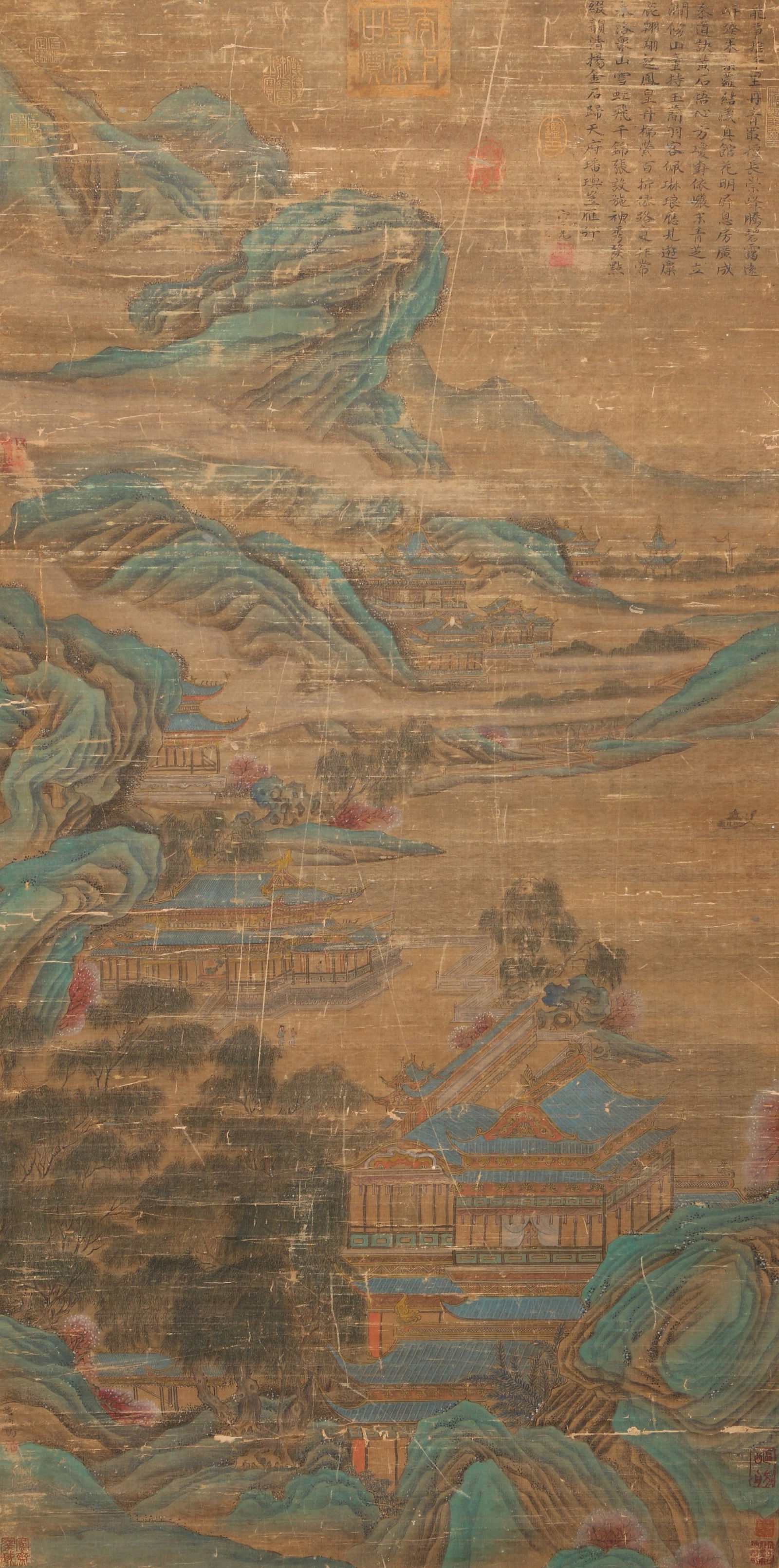 A LANDSCAPE AND PAVILIONS ON SILK BY ZHAO BOJU.赵伯驹: Landscape and Pavilions on Silk by Zhao Boju.赵伯驹