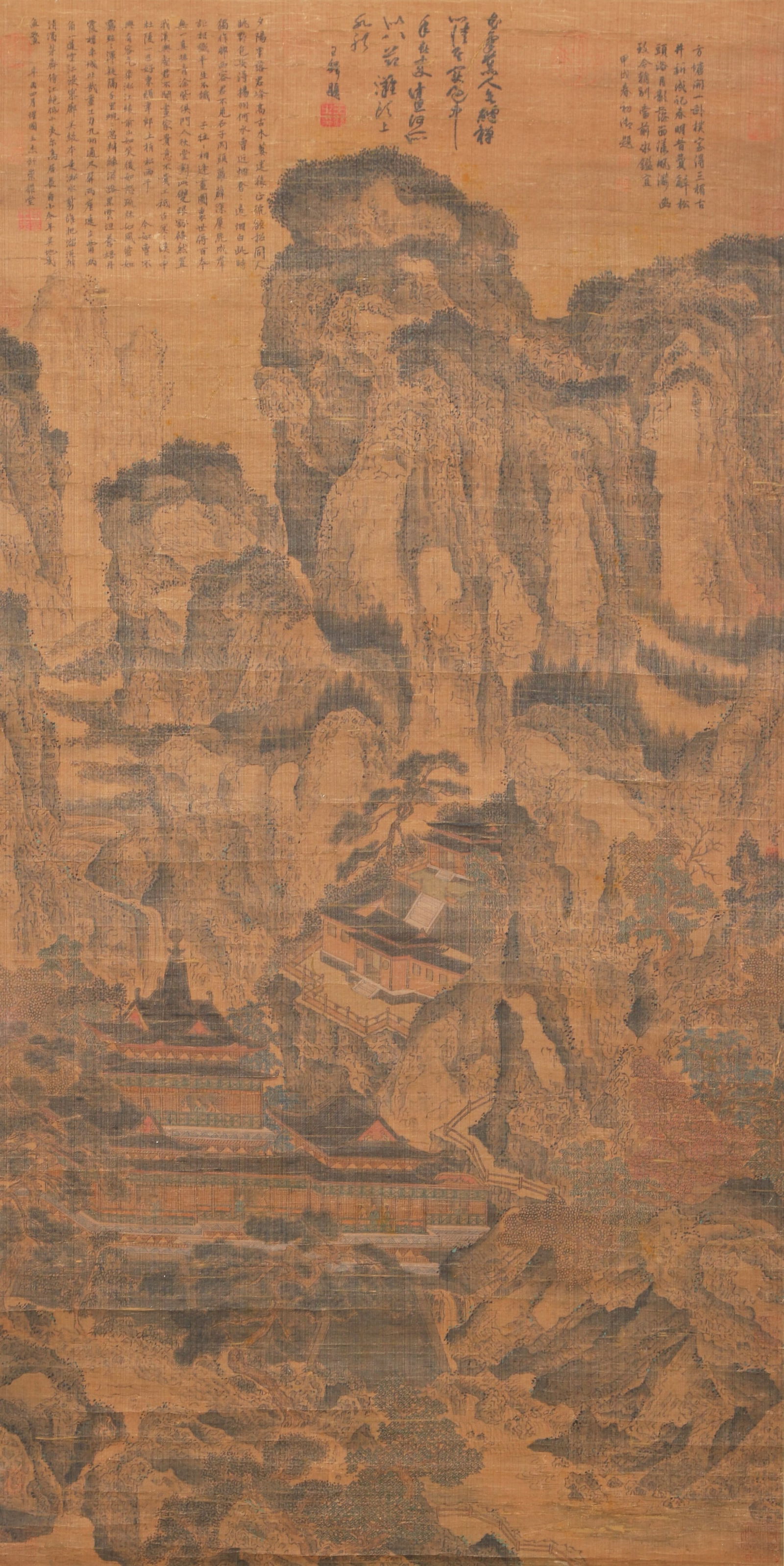 A LANDSCAPE WITH PAVILIONS ON SILK BY FAN KUAN.范宽: Landscape with Pavilions on Silk by Fan Kuan.范宽