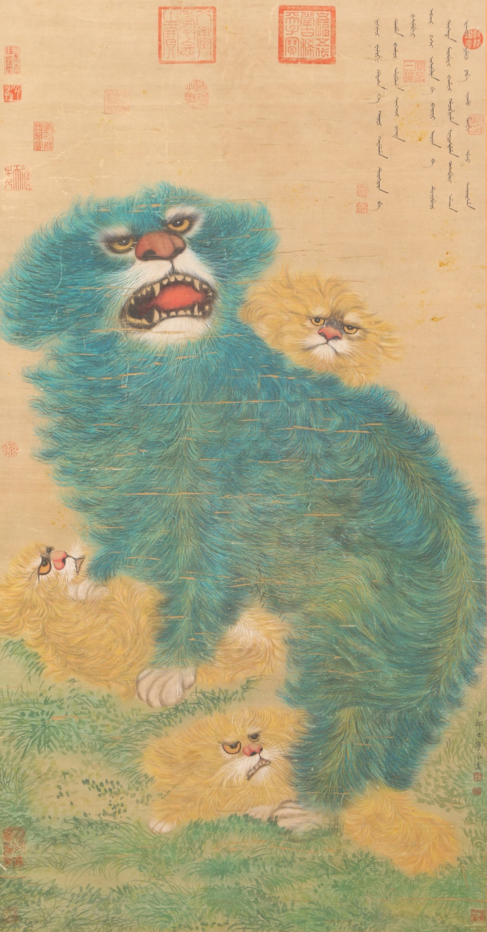 A GREAT LION AND LITTLE LION ON SILK BY GIUSEPPE CASTIGLIONE (LANG SHINING).郎世宁: Great Lion and Little Lion on Silk by Giuseppe Castiglione (Lang Shining).郎世宁