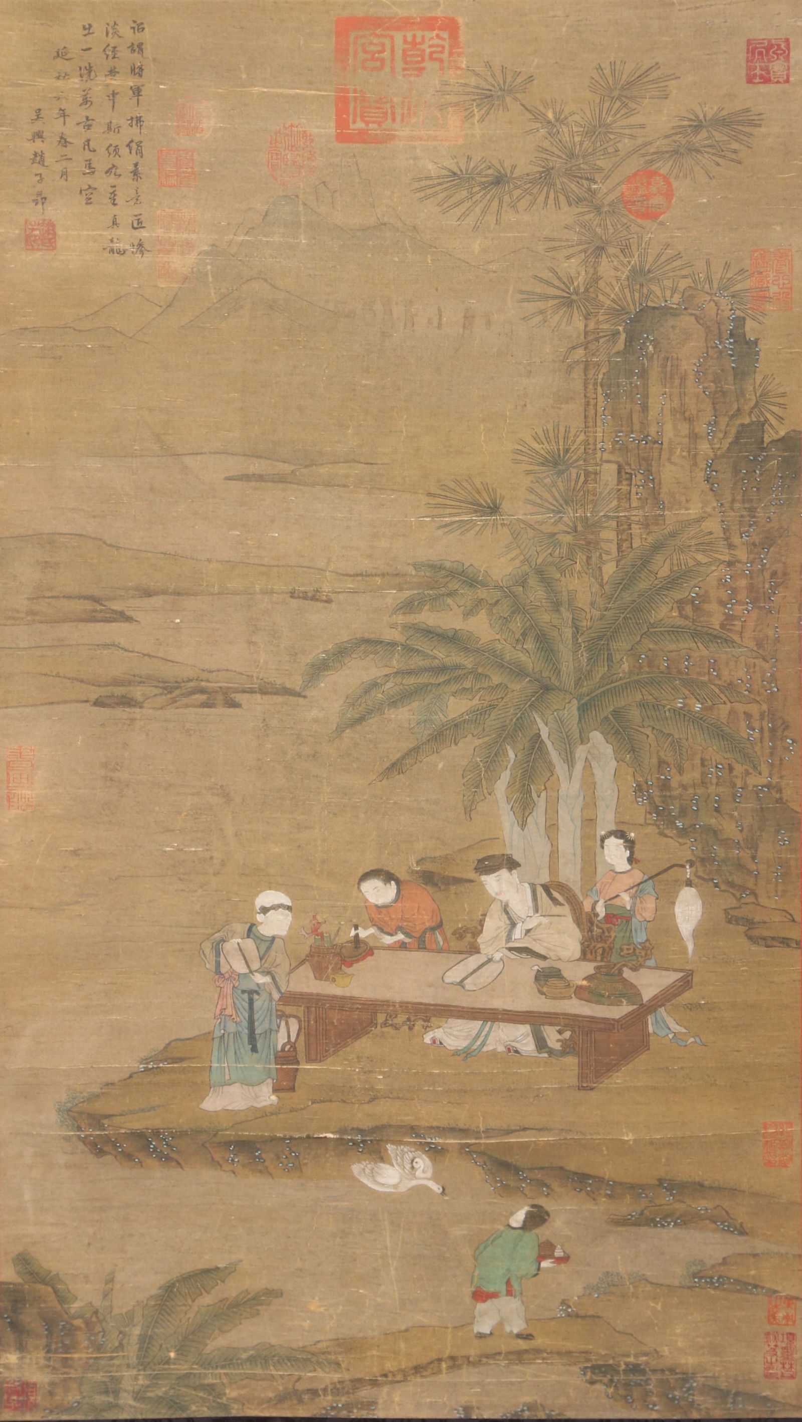 A FIGURE STORY PAINTING ON SILK BY ZHAO MENGFU.赵孟頫: Figure Story Painting on Silk by Zhao Mengfu.赵孟頫
