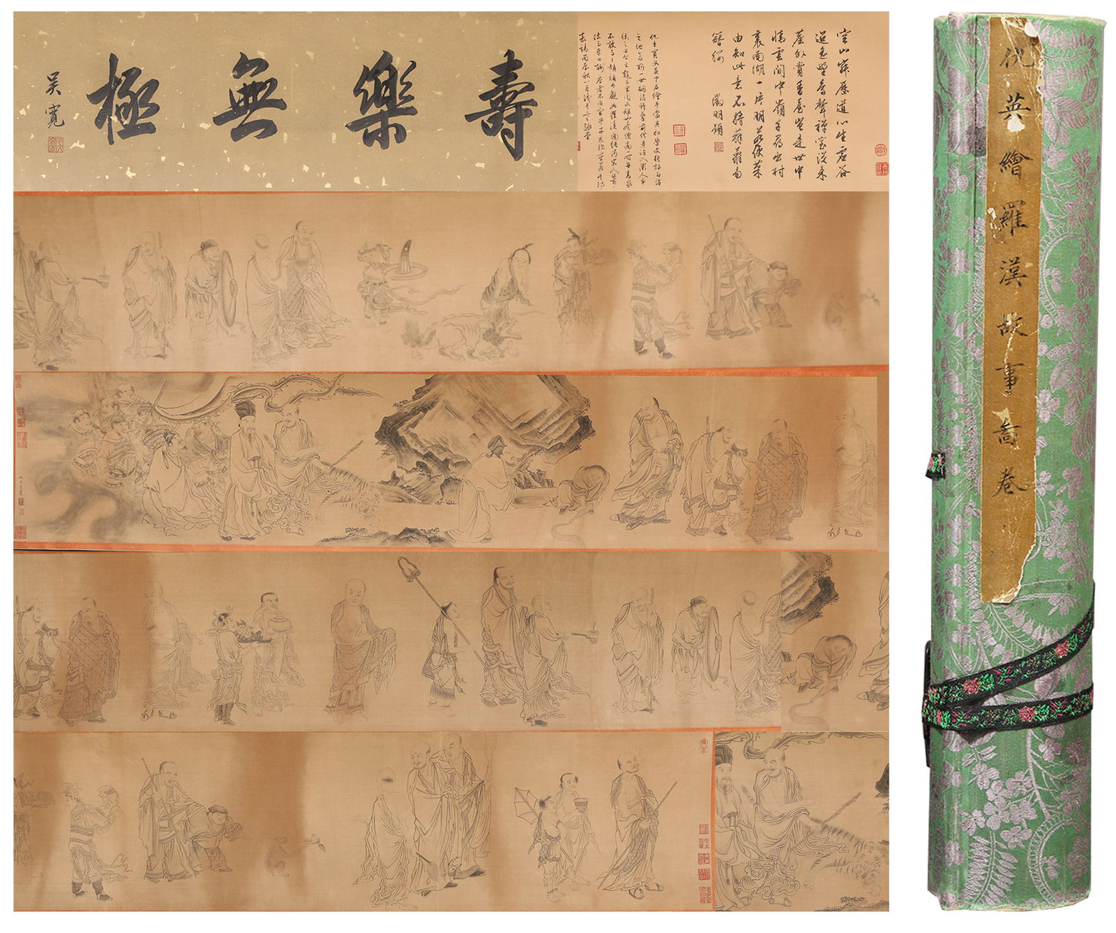 A LUOHAN STORY PAINTING HANDSCROLL ON SILK BY QIU YING.仇英: Luohan Story Painting Handscroll on Silk by Qiu Ying.仇英