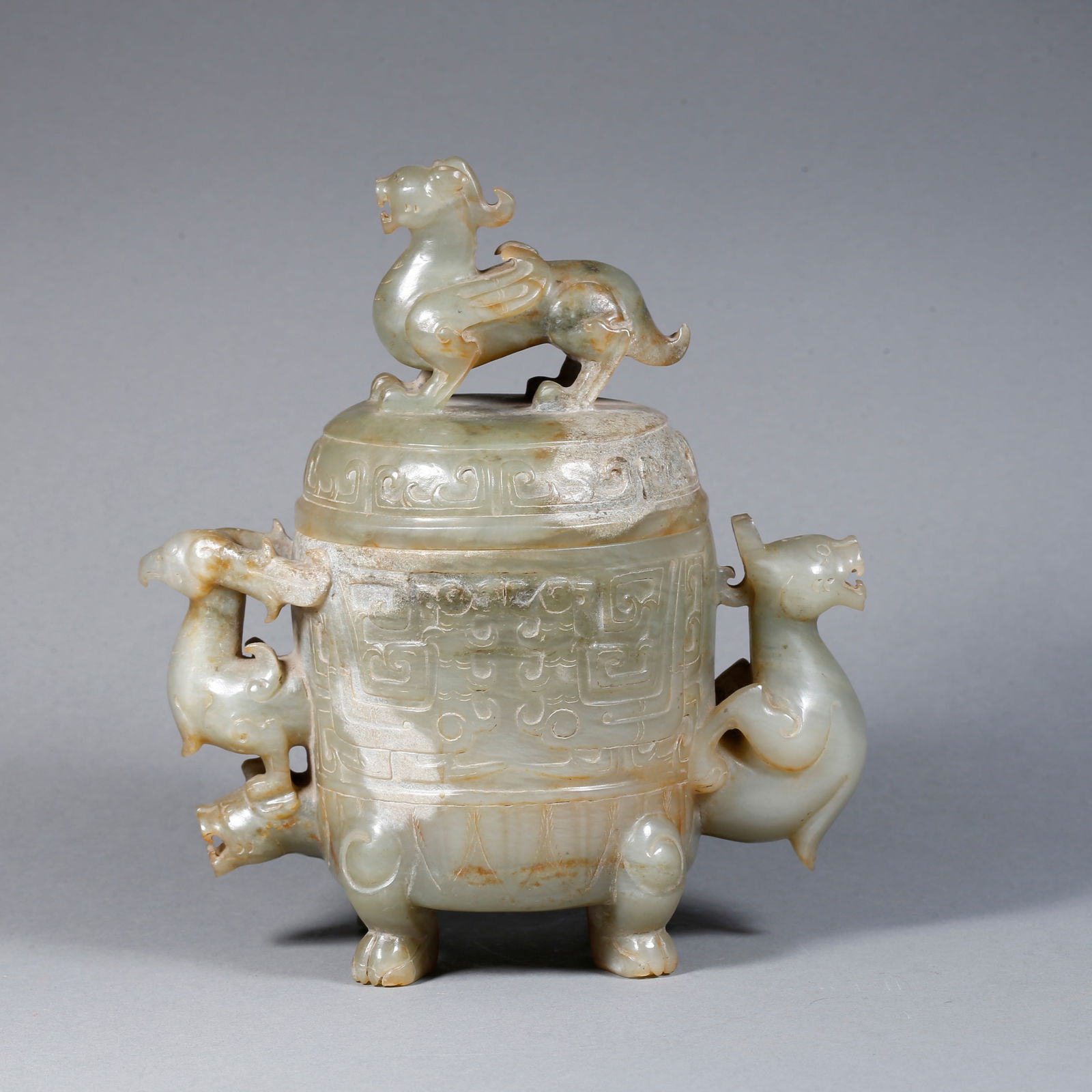 A ARCHAIC JADE AXE-FORM COVERED CENSER WITH CHI-TIGER FINIAL: Archaic jade axe-form covered censer with chi-tiger finial