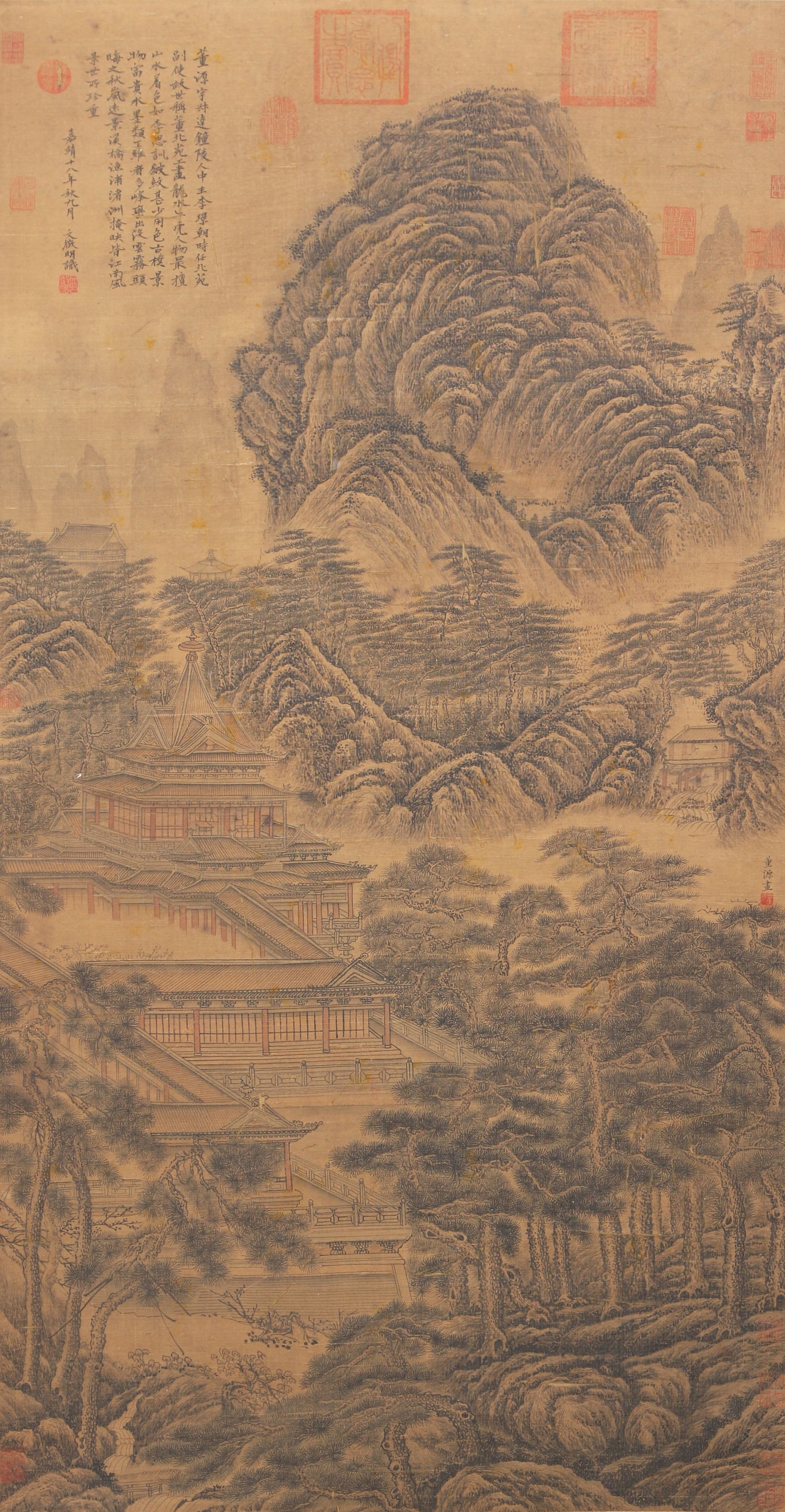A LANDSCAPE WITH PAVILIONS PAINTING ON SILK SCROLL BY DONG YUAN.董源: Landscape with pavilions painting on silk scroll by Dong Yuan.董源