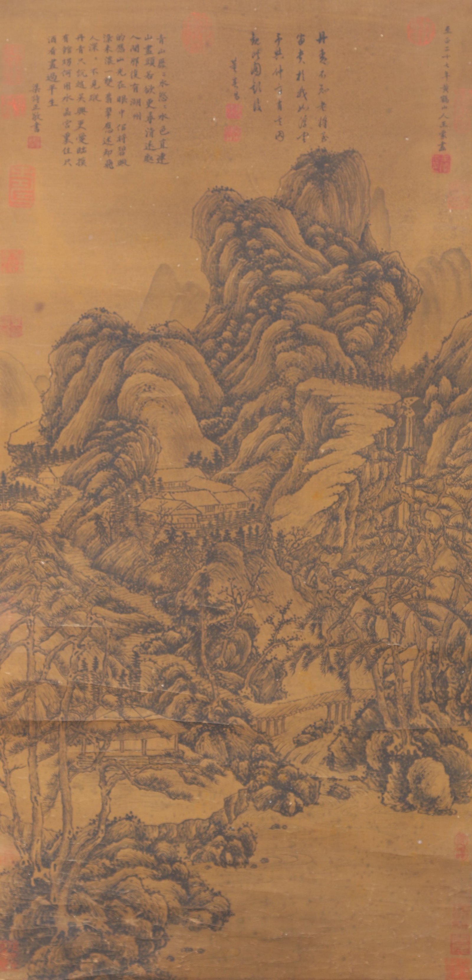 A LANDSCAPE PAINTING ON SILK SCROLL BY WANG MENG.王蒙: Landscape painting on silk scroll by Wang Meng.王蒙