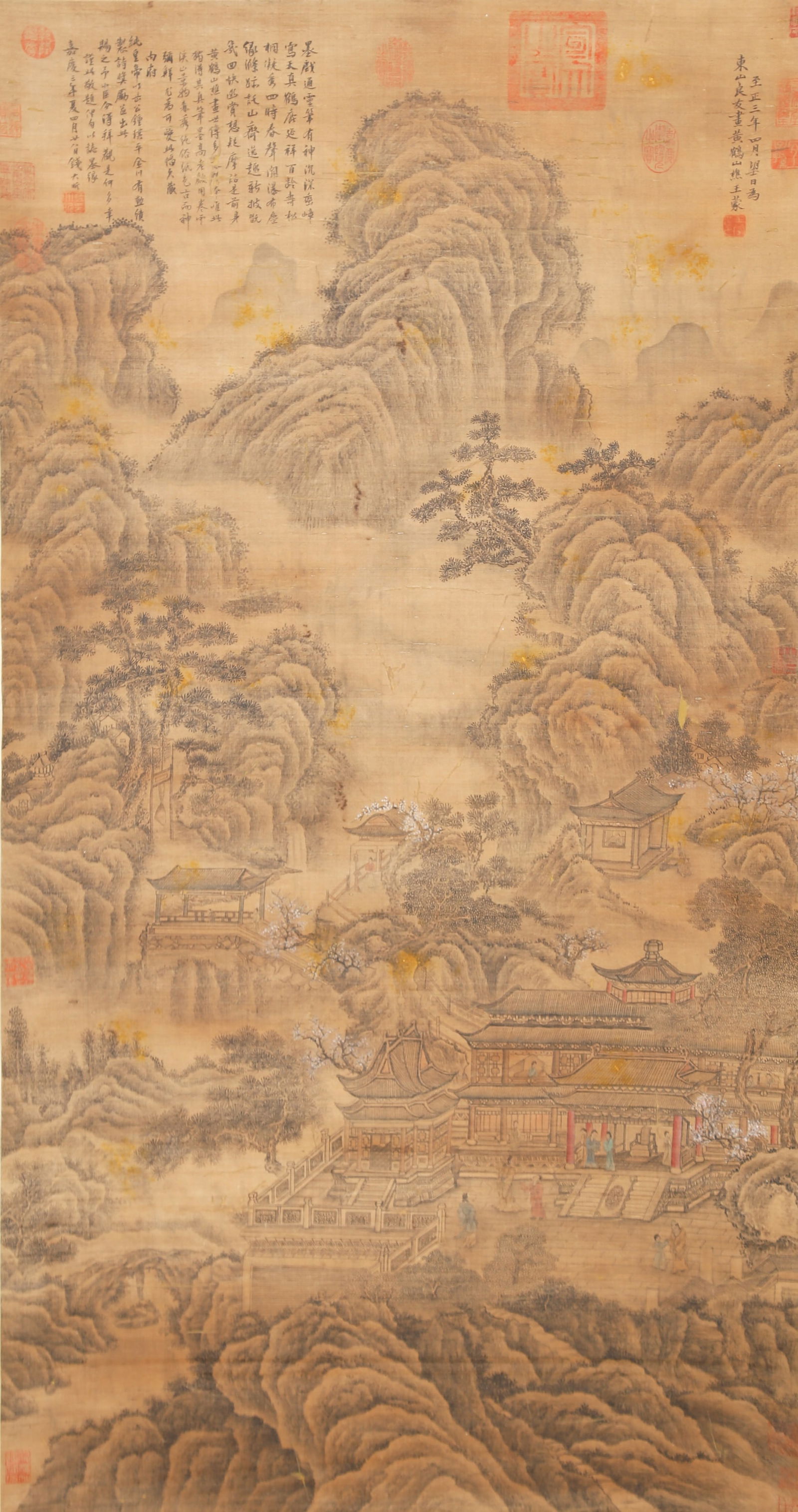 A LANDSCAPE WITH PAVILIONS ON SILK BY WANG MENG.王蒙: Landscape with Pavilions on Silk by Wang Meng.王蒙