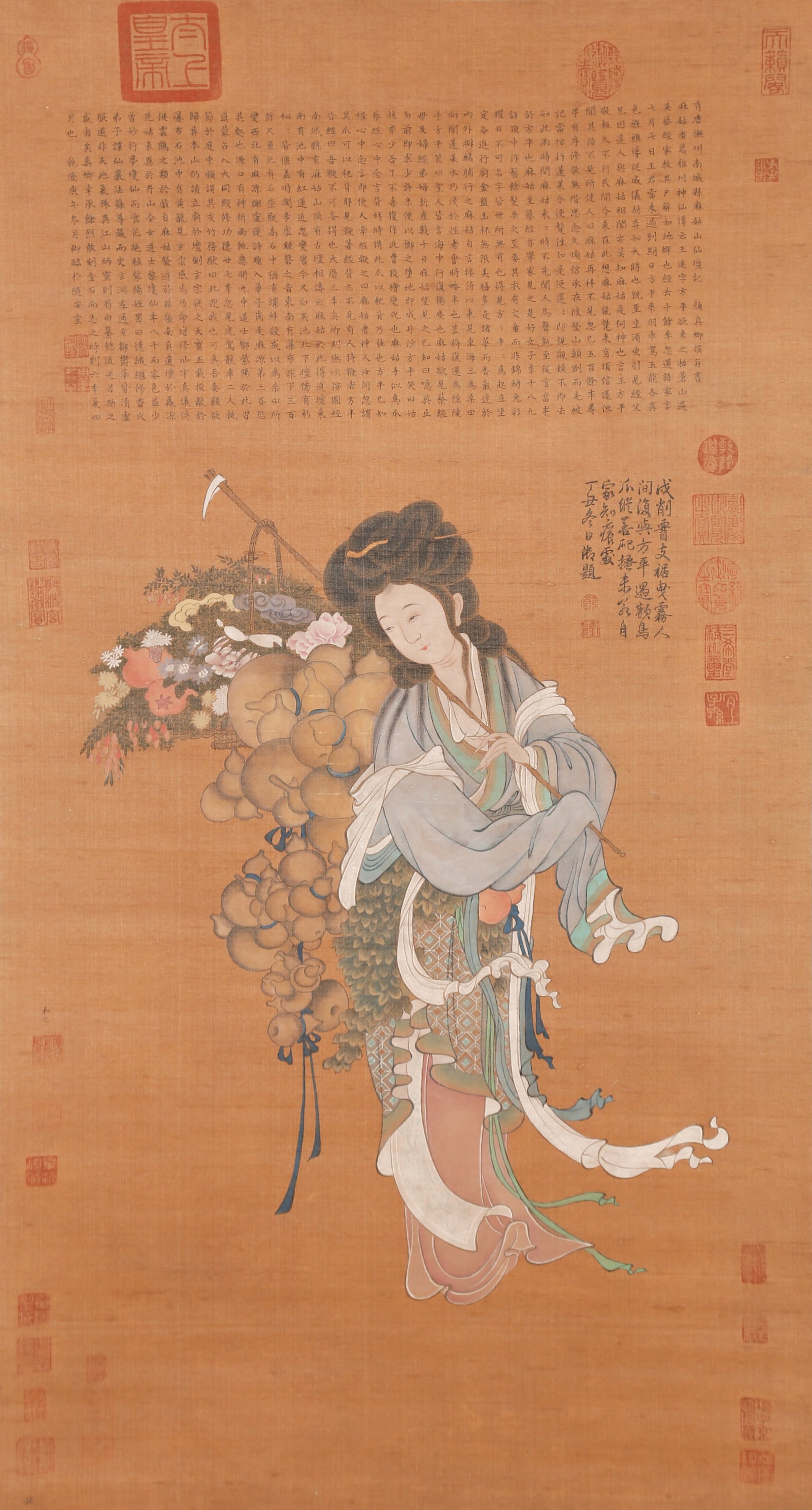 A "MA GU PRESENTING LONGEVITY" PAINTING ON SILK BY EMPEROR QIANLONG.乾隆: "Ma Gu Presenting Longevity" Painting on Silk by Emperor Qianlong.乾隆