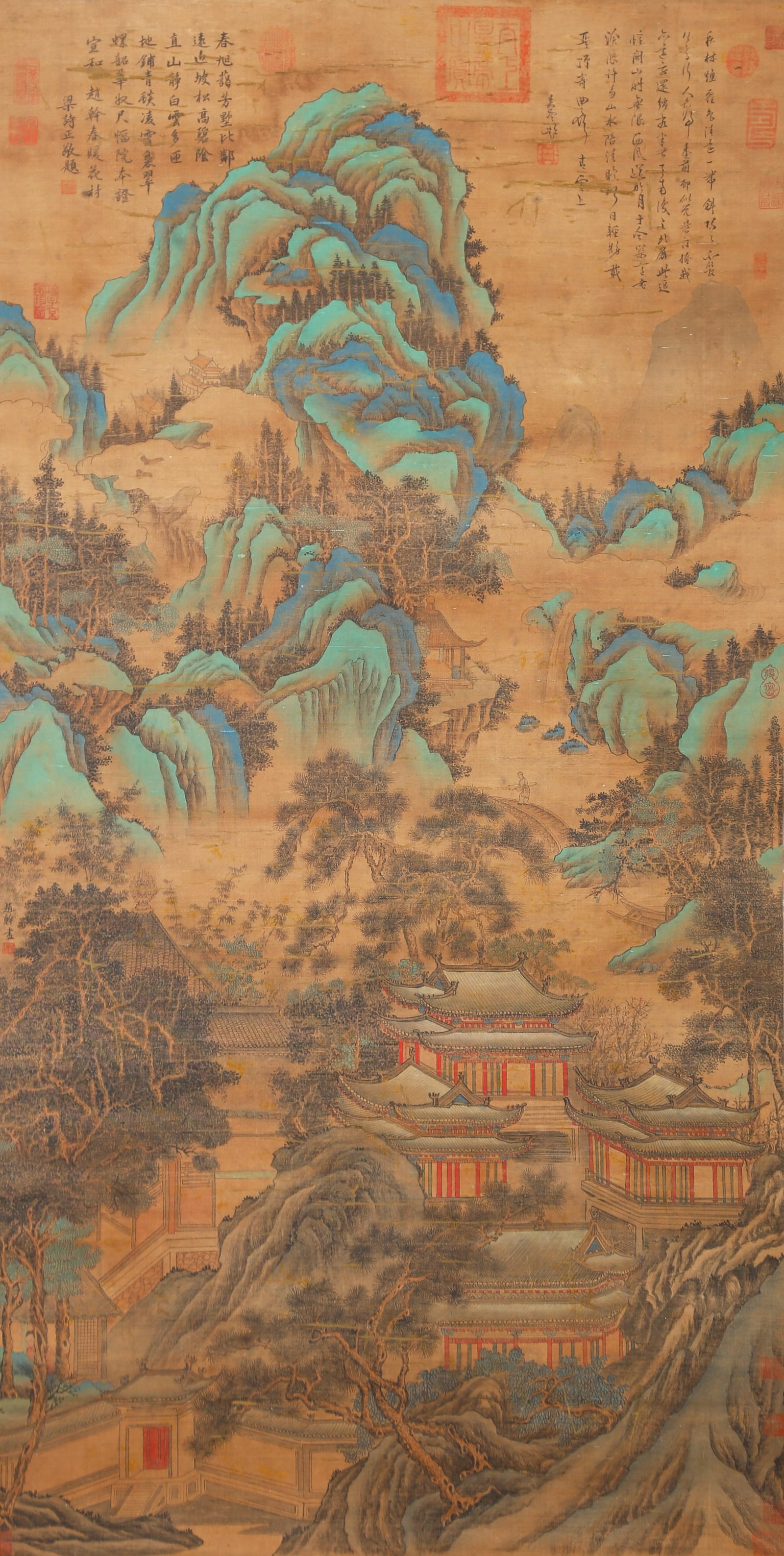 A LANDSCAPE WITH PAVILIONS ON SILK BY ZHAO GAN.趙幹: Landscape with Pavilions on Silk by Zhao Gan.趙幹