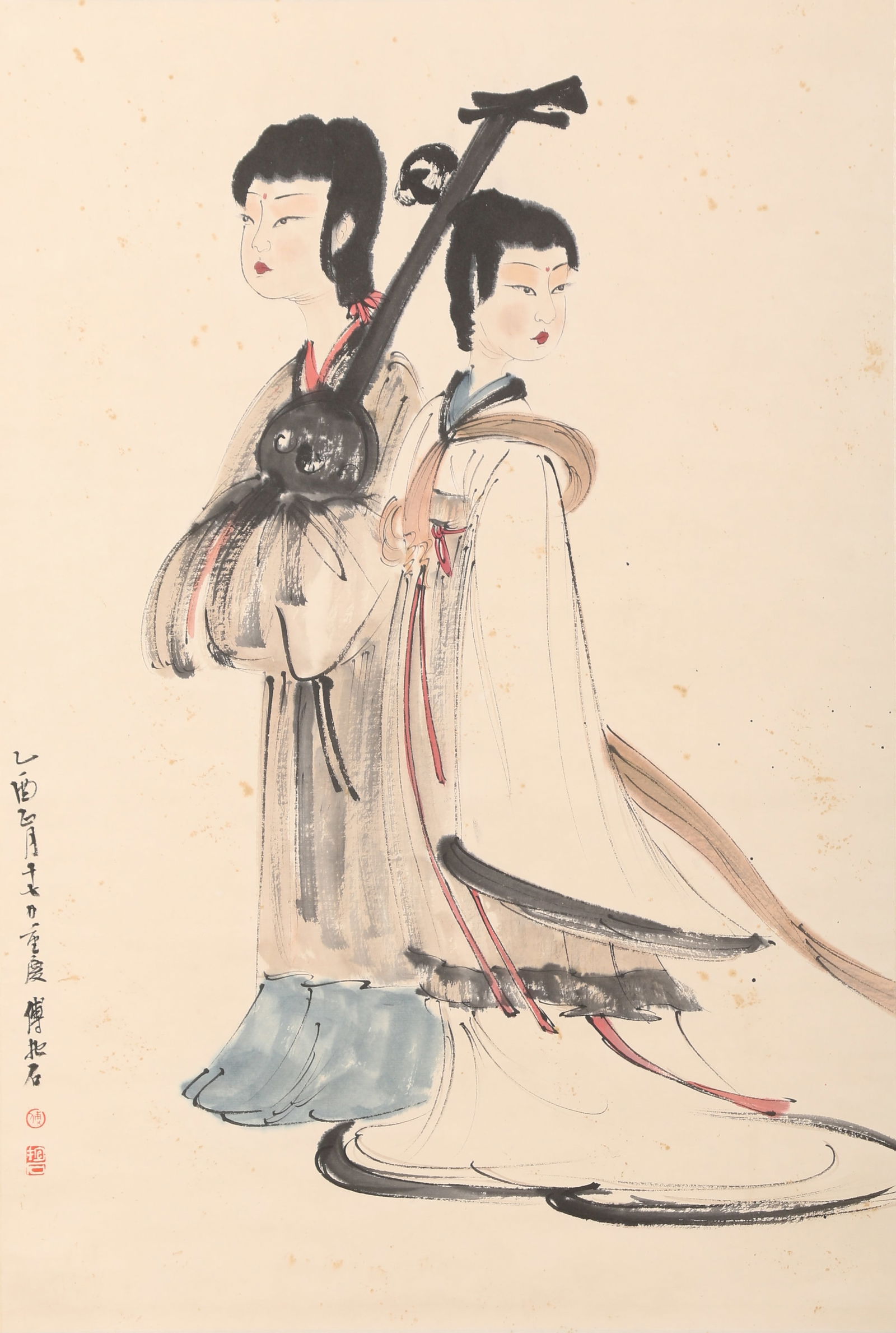 A LADY PAINTING ON PAPER BY FU BAOSHI.傅抱石: Lady Painting on Paper by Fu Baoshi.傅抱石