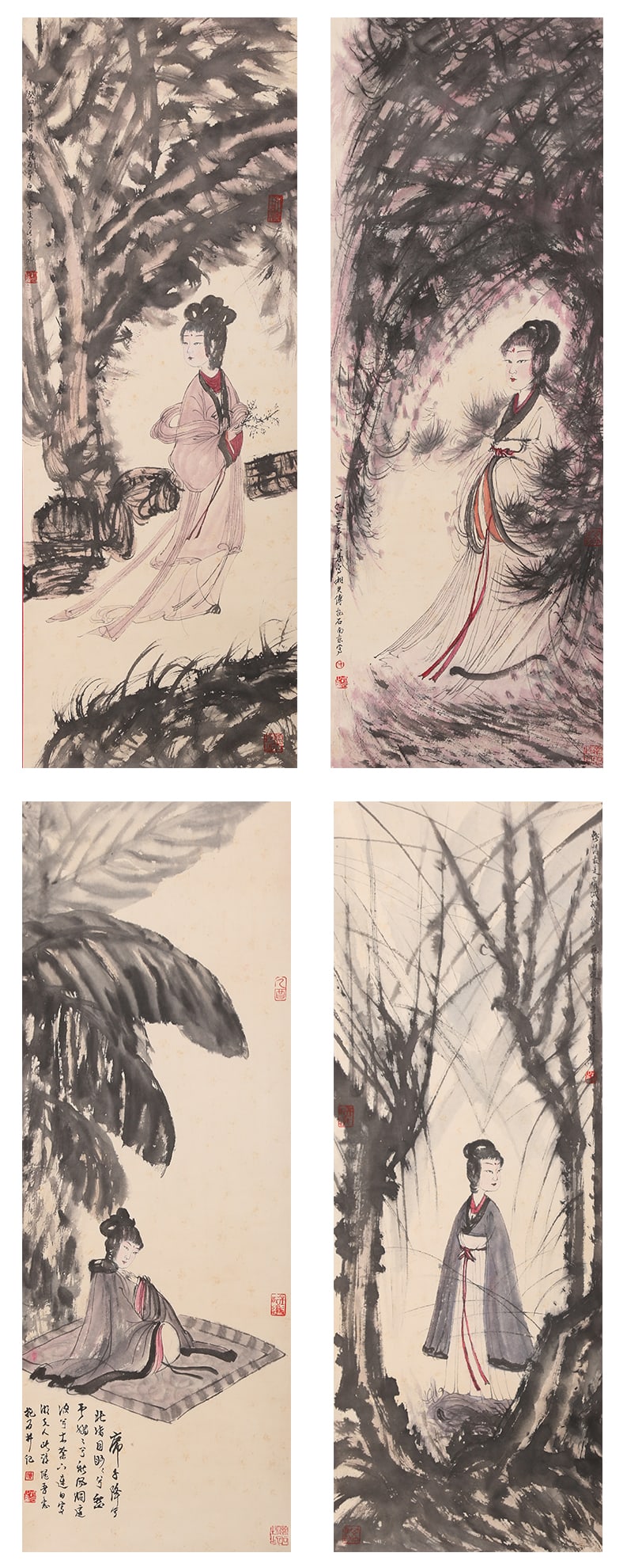 A LADY FIGURES ON PAPER BY FU BAOSHI (4 PAINTINGS).傅抱石: Lady Figures on Paper by Fu Baoshi (4 paintings).傅抱石