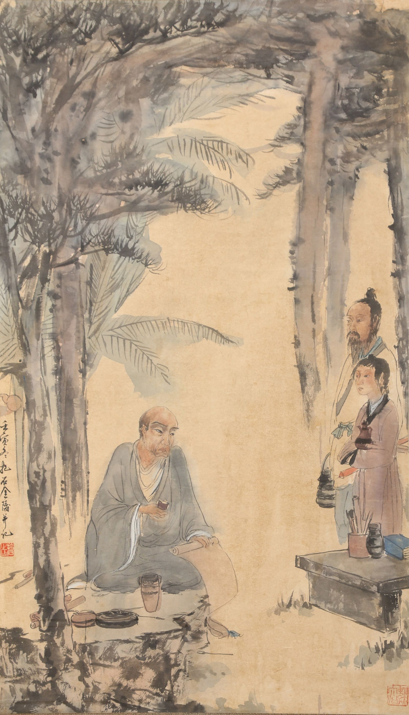 A HISTORICAL FIGURES PAINTING ON PAPER BY FU BAOSHI.傅抱石: Historical Figures Painting on Paper by Fu Baoshi.傅抱石