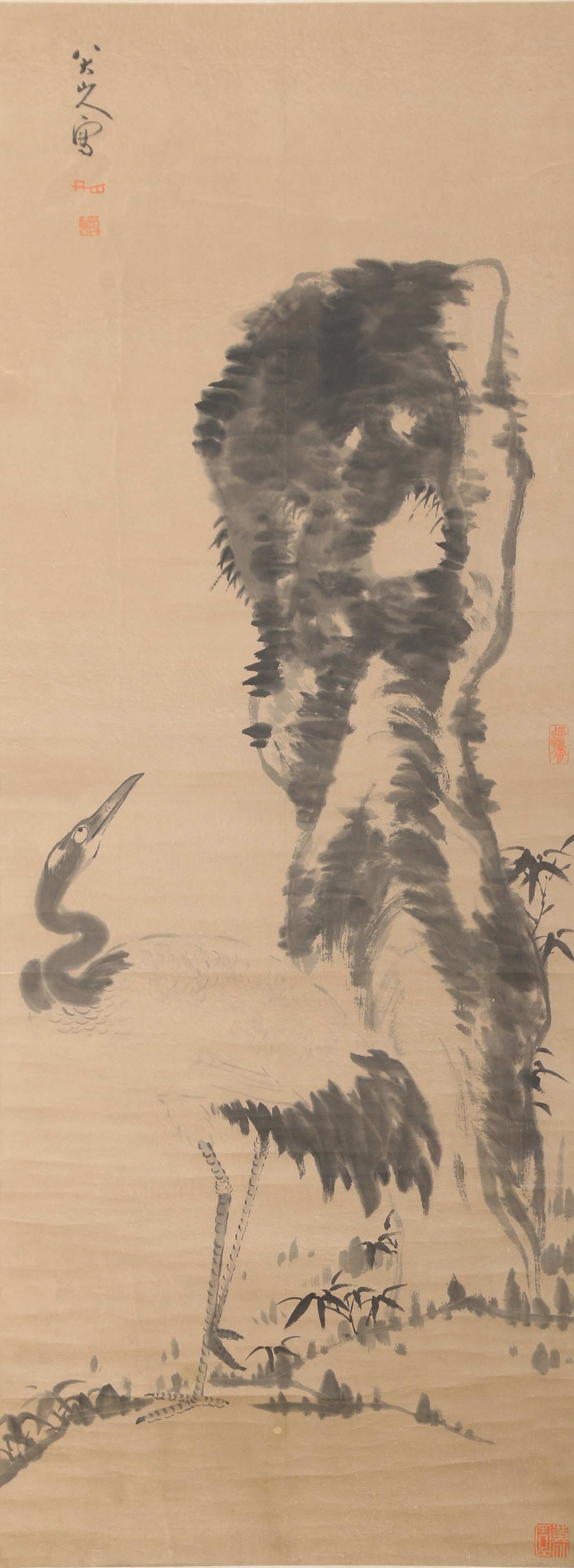 A WHITE CRANE PAINTING ON PAPER BY BADA SHANREN.八大山人: White Crane Painting on Paper by Bada Shanren.八大山人