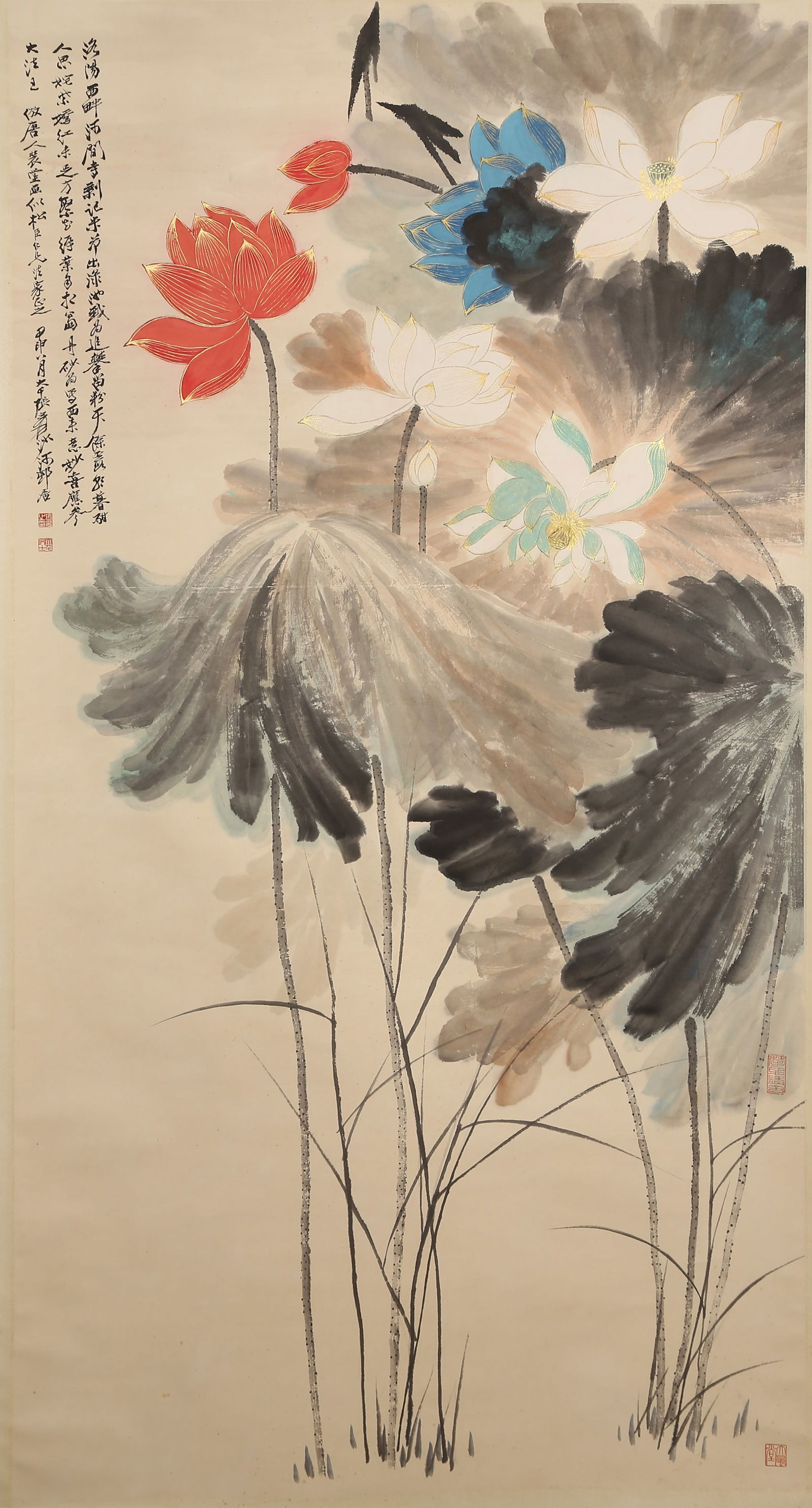 A LOTUS PAINTING ON PAPER BY ZHANG DAQIAN.張大千: Lotus painting on paper by Zhang Daqian.張大千