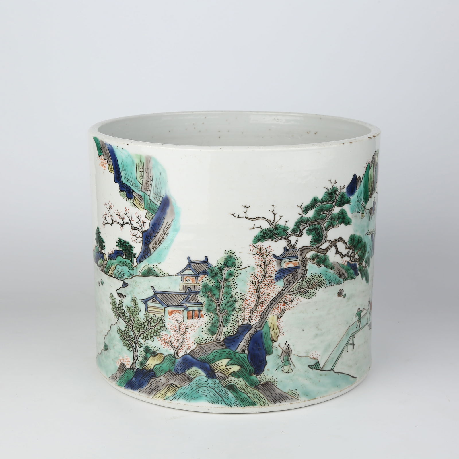 A WUCAI BRUSH POT WITH LANDSCAPE AND FIGURES (1 of 9)