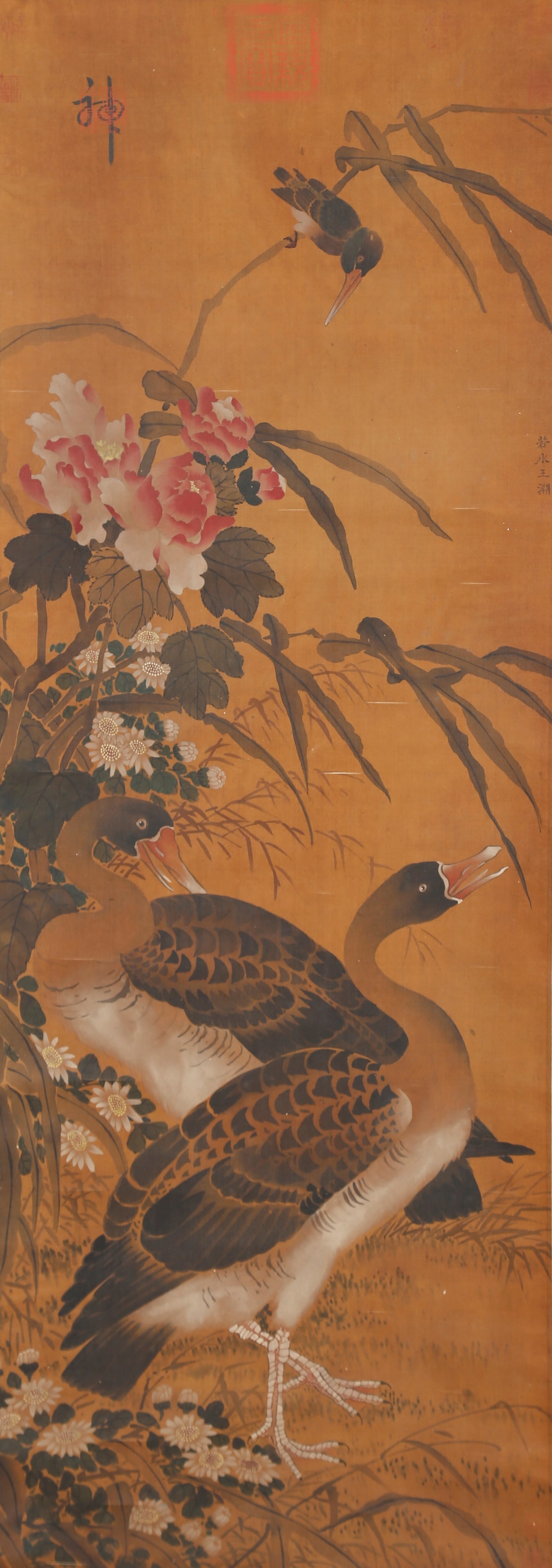 A FLOWERS AND BIRDS ON SILK BY WANG YUAN.王淵: Flowers and Birds on Silk by Wang Yuan.王淵