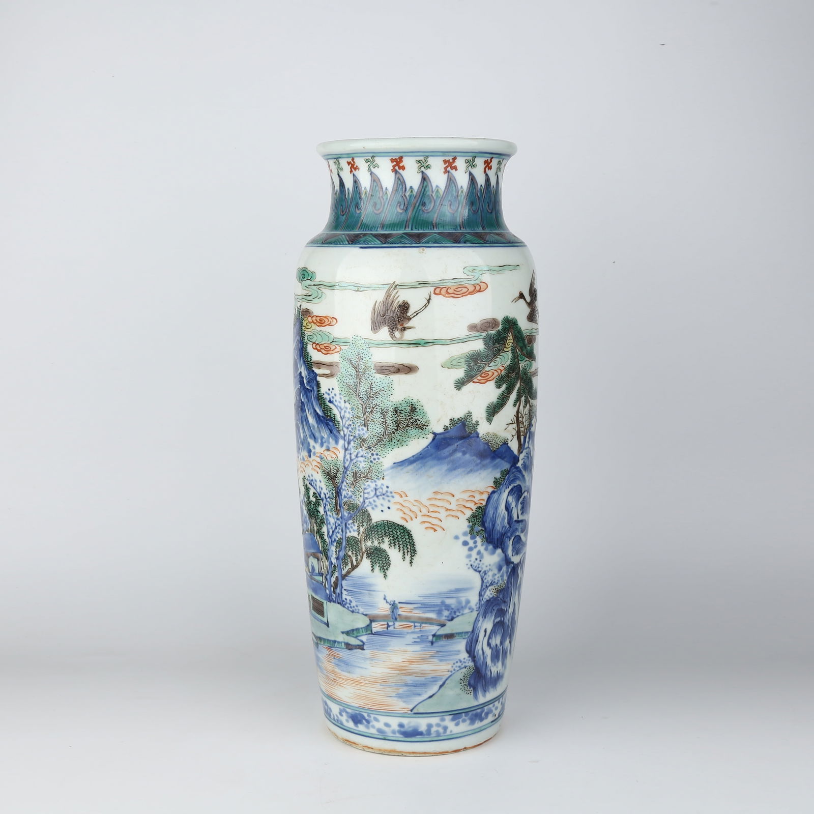 A BLUE AND WHITE WUCAI LANDSCAPE PATTERN TUBE-SHAPED VASE (1 of 9)