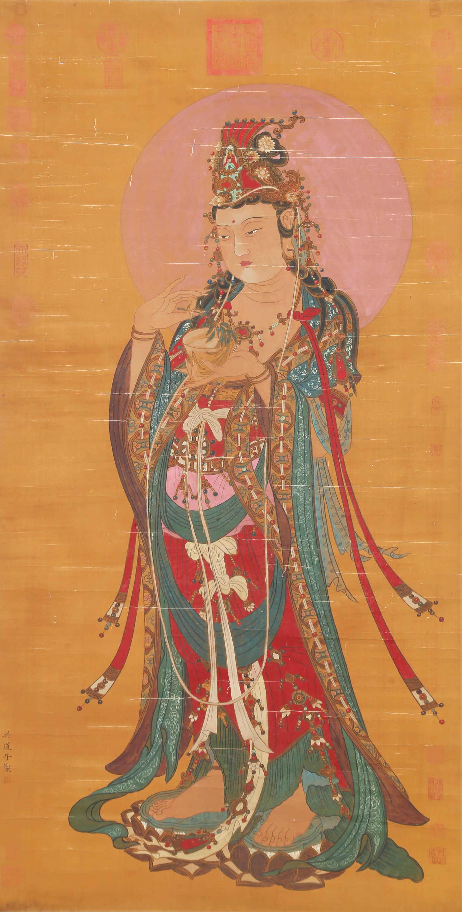 A GUANYIN PAINTING ON SILK BY WU DAOZI.吳道子: Guanyin Painting on Silk by Wu Daozi.吳道子