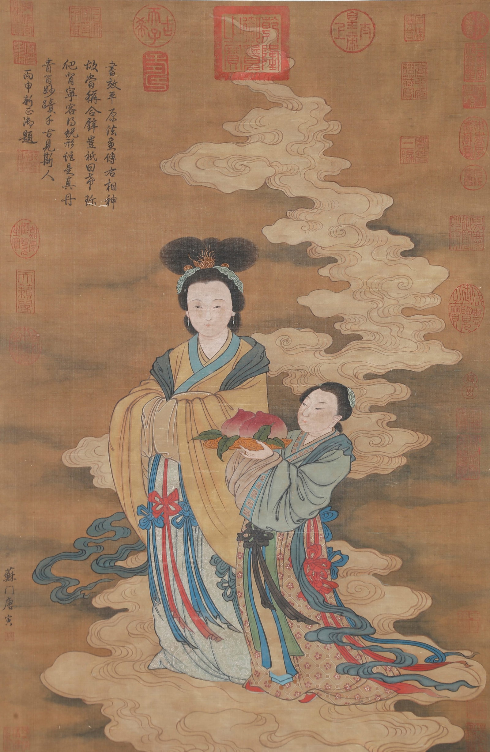 A MAGU PRESENTING LONGEVITY PAINTING ON SILK BY TANG BOHU.唐伯虎: Magu Presenting Longevity Painting on Silk by Tang Bohu.唐伯虎