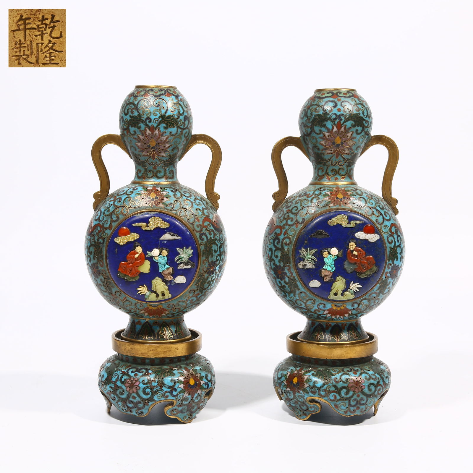 A SET OF CLOISONNE ENAMEL GOURD VASES WITH HARDSTONE INLAY AND NARRATIVE SCENES (1 of 10)