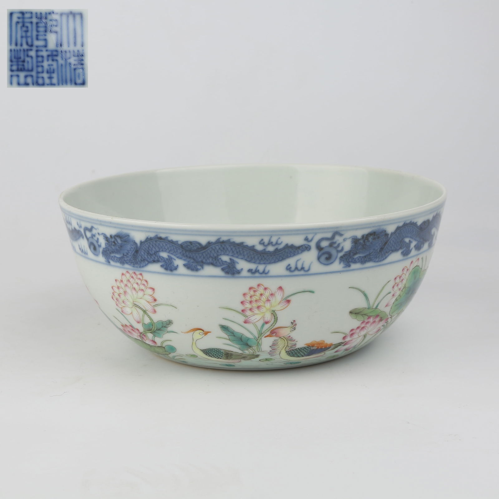 A FAMILLE-ROSE DRUM-SHAPED BOWL WITH MANDARIN DUCK AND LOTUS POND DESIGN: Famille-Rose Drum-Shaped Bowl with Mandarin Duck and Lotus Pond Design
