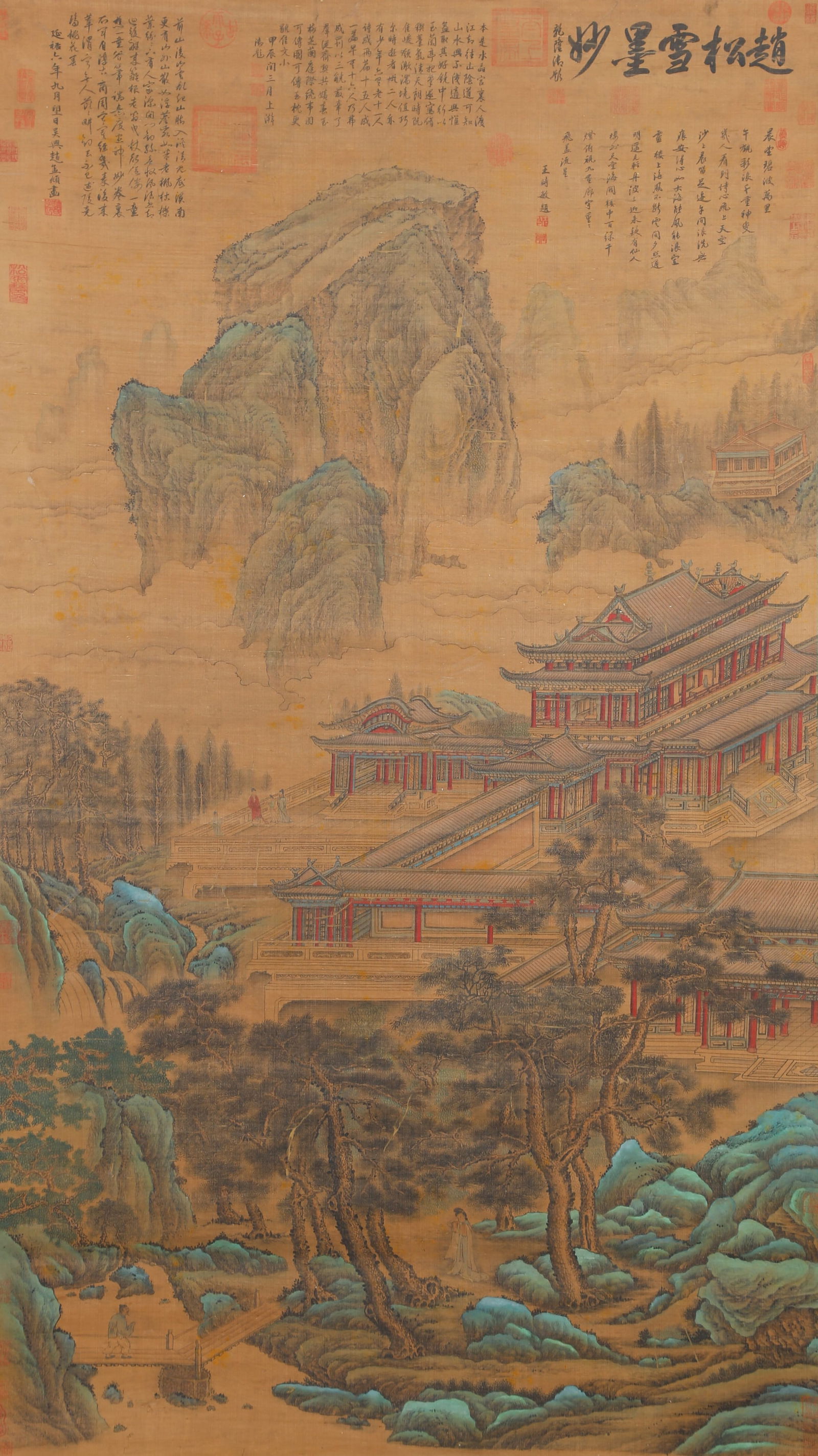 A LANDSCAPE WITH PAVILIONS PAINTING ON SILK BY ZHAO MENGFU.趙孟頫: Landscape with Pavilions Painting on Silk by Zhao Mengfu.趙孟頫