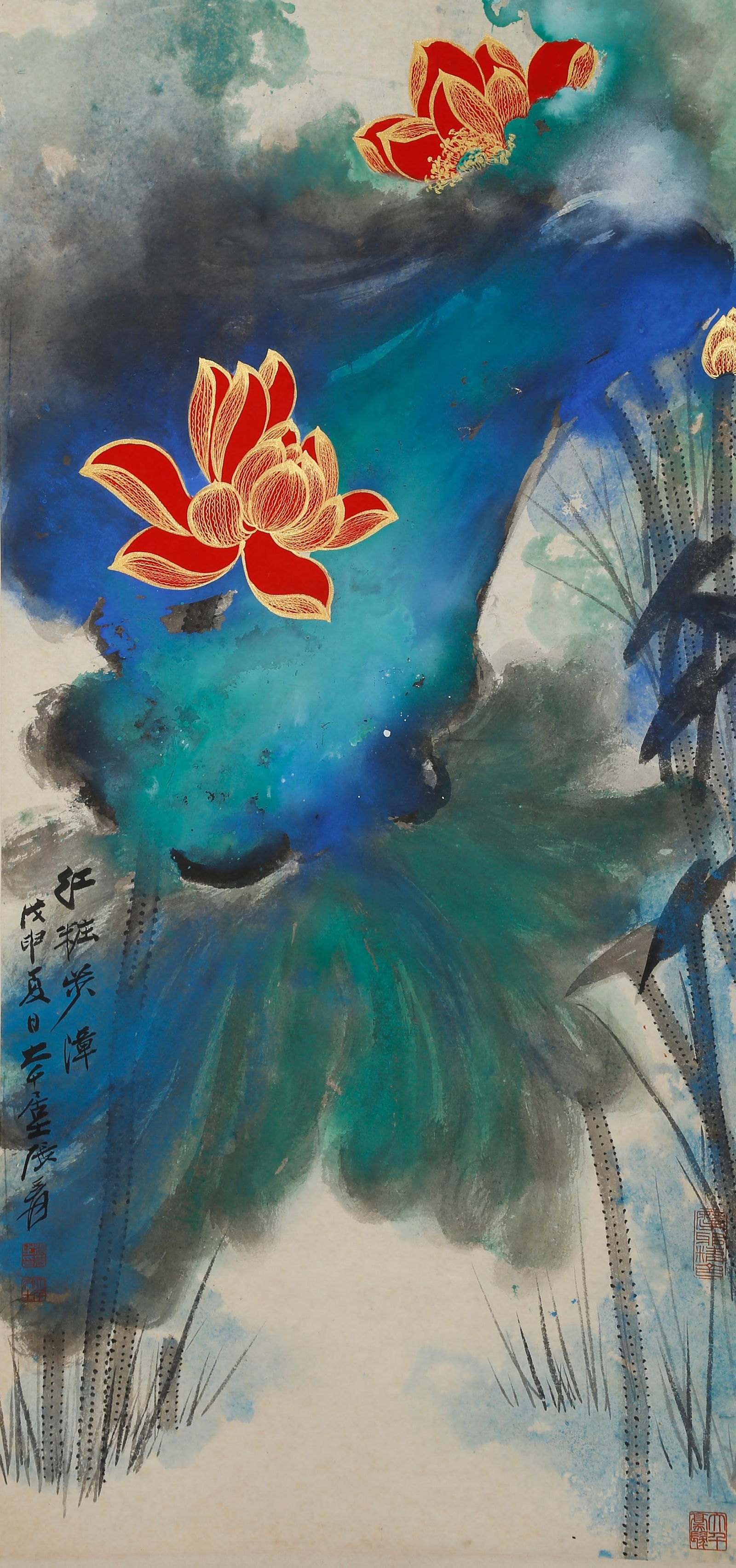 A SPLASH-COLOR LOTUS PAINTING ON PAPER BY ZHANG DAQIAN.張大千: Splash-Color Lotus Painting on Paper by Zhang Daqian.張大千