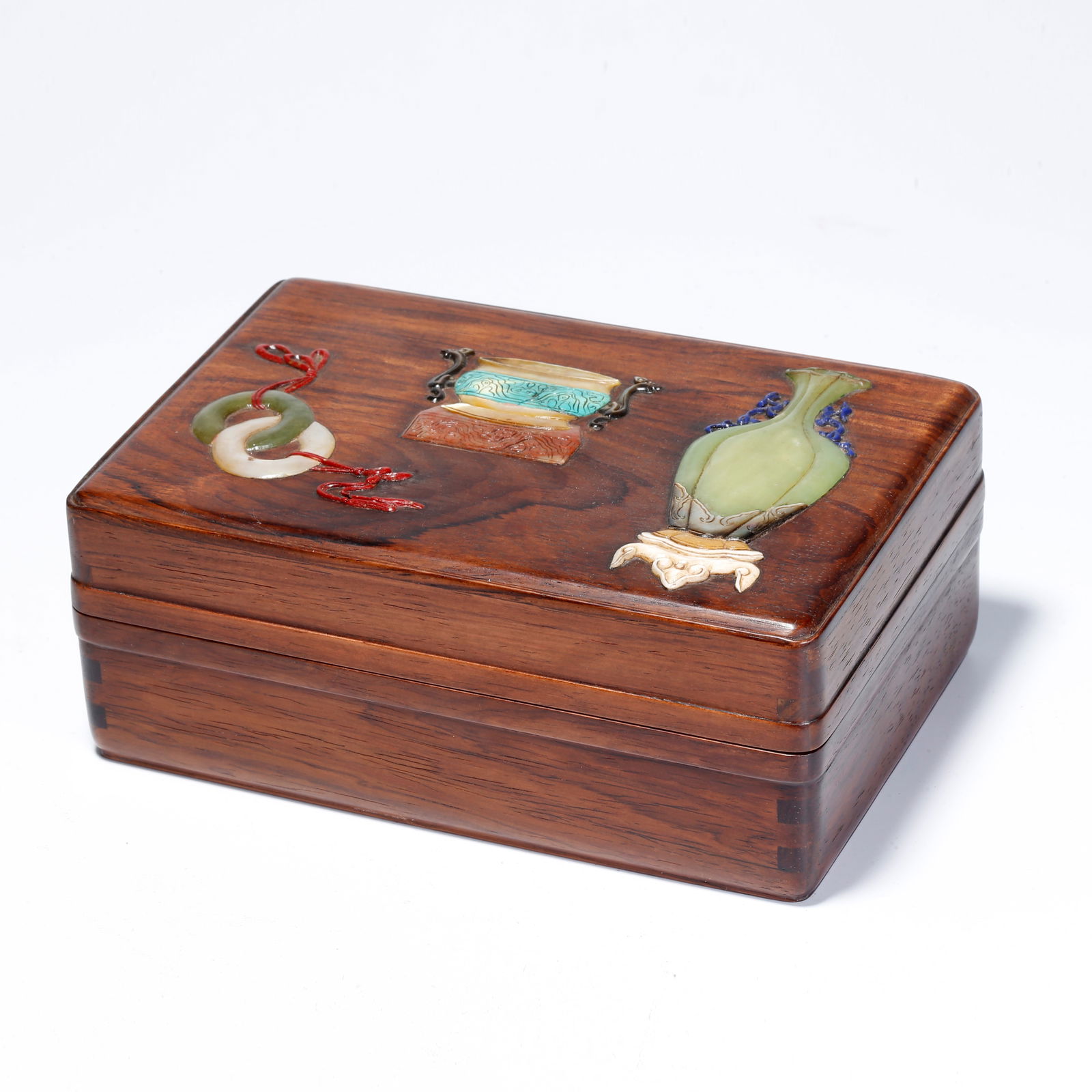 A HUANGHUALI WOOD CARVED LIDDED BOX INLAID WITH BAIBAO (HUNDRED TREASURES) (1 of 10)