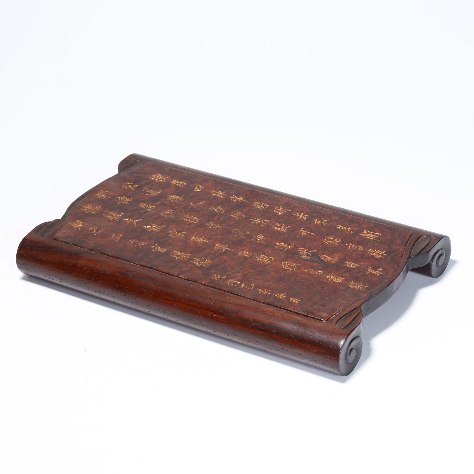 A ZITAN WOOD TEA TABLE INLAID WITH BURLWOOD, GILDED AND ENGRAVED WITH POETRY: Zitan Wood Tea Table Inlaid with Burlwood, Gilded and Engraved with Poetry