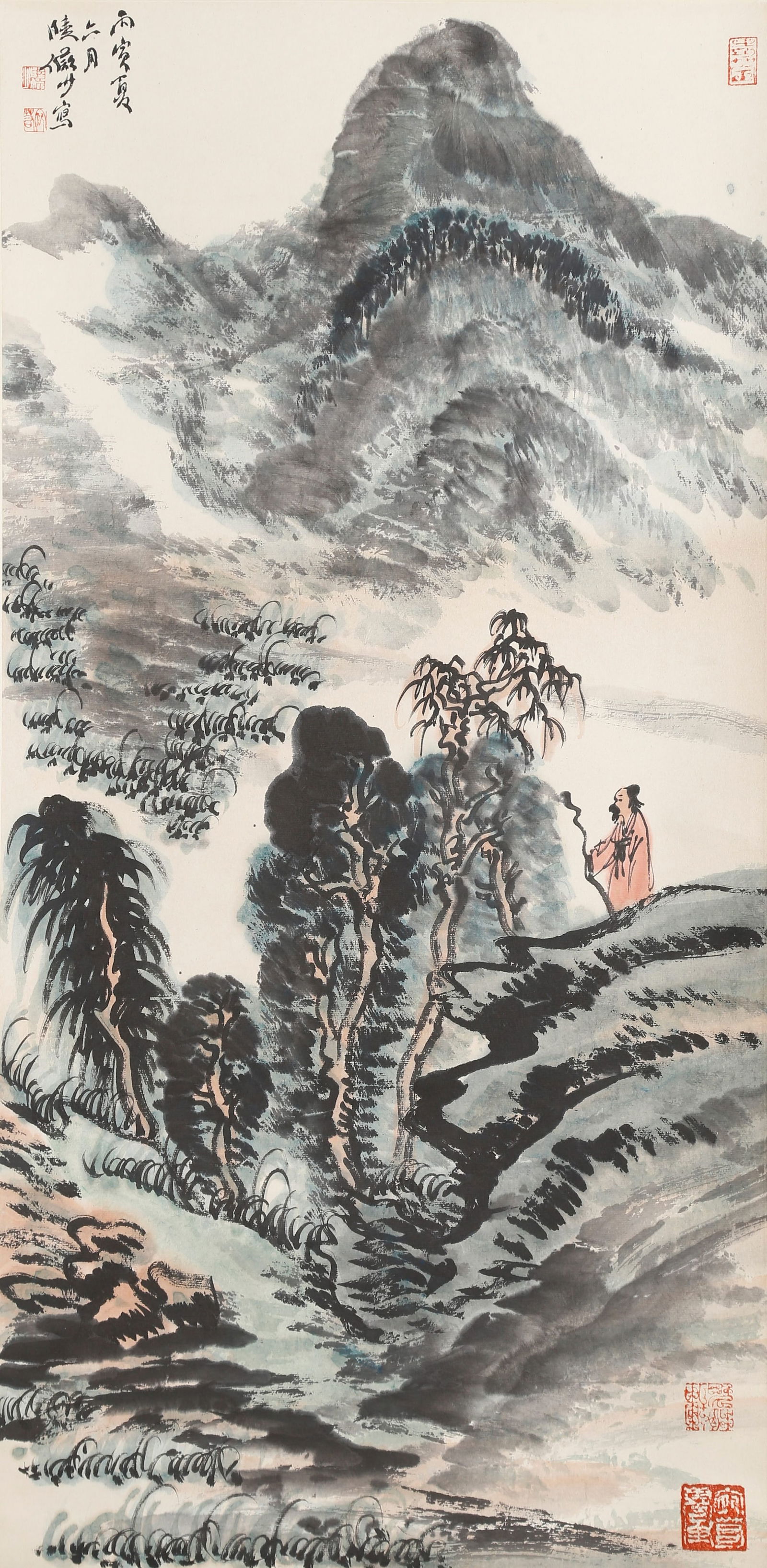 A LANDSCAPE WITH FIGURES PAINTING ON PAPER BY LU YANSHAO.陸儼少: Landscape with Figures Painting on Paper by Lu Yanshao.陸儼少