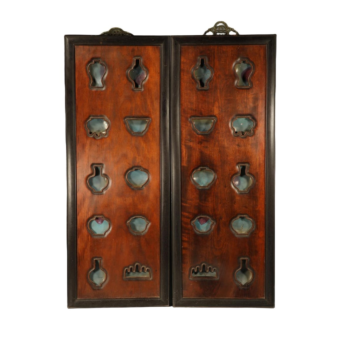 A PAIR OF ZITAN WOOD HANGING PANELS INLAID WITH JUN WARE TILES: Pair of Zitan wood hanging panels inlaid with Jun ware tiles