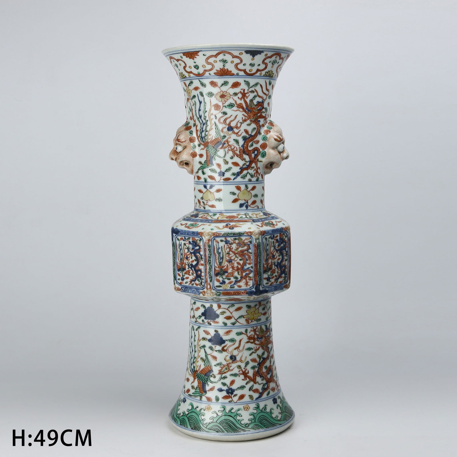 A WUCAI BEAST-EARED HU GOBLET WITH DRAGON AND PHOENIX PATTERN (1 of 10)