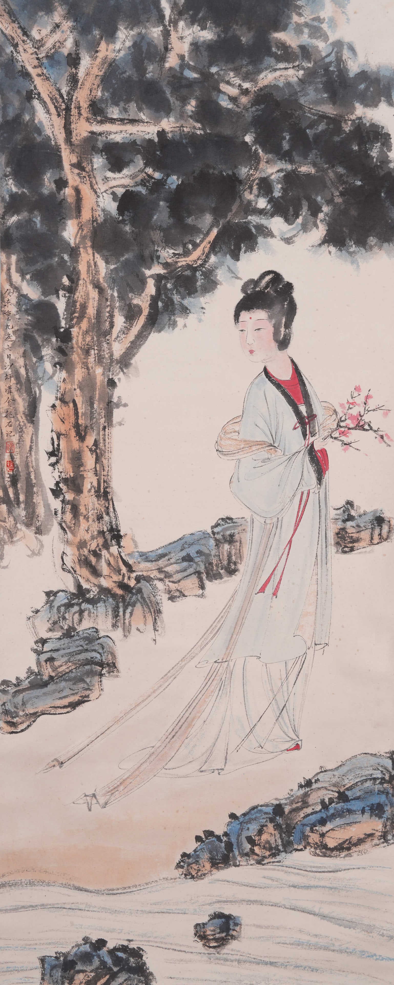 A LADY PAINTING ON PAPER BY FU BAOSHI.傅抱石: Lady painting on paper by Fu Baoshi.傅抱石