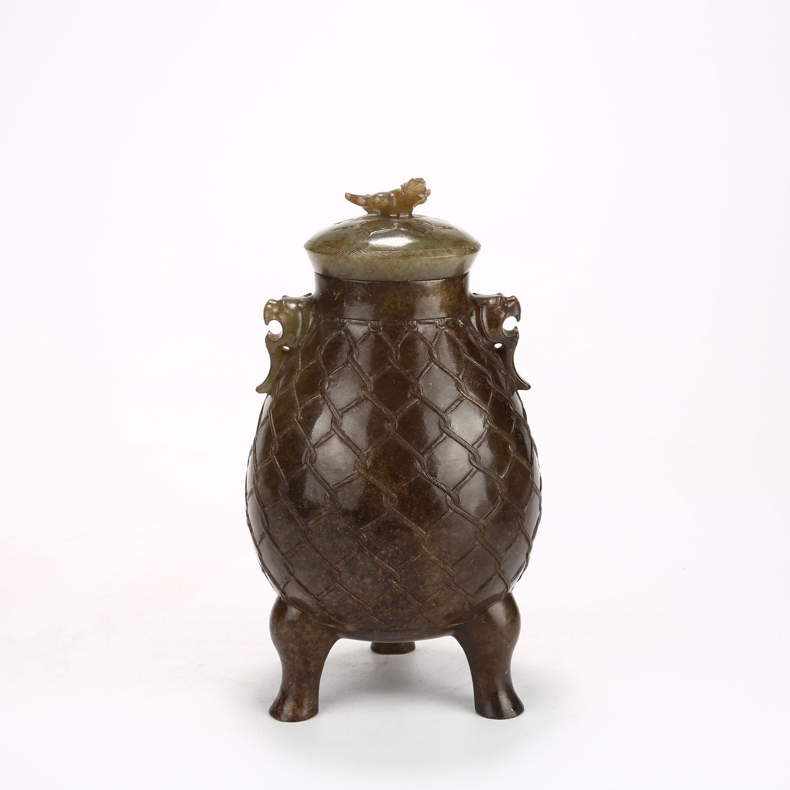 A ARCHAIC JADE TRIPOD LIDDED JAR: Archaic Jade Tripod Lidded Jar
