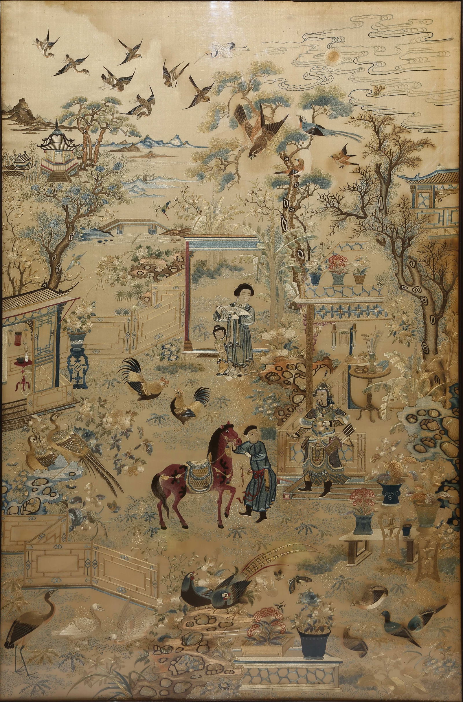 A EMBROIDERED "RETURNING HOME IN GLORY" LARGE HANGING SCREEN: Embroidered "Returning Home in Glory" Large Hanging Screen