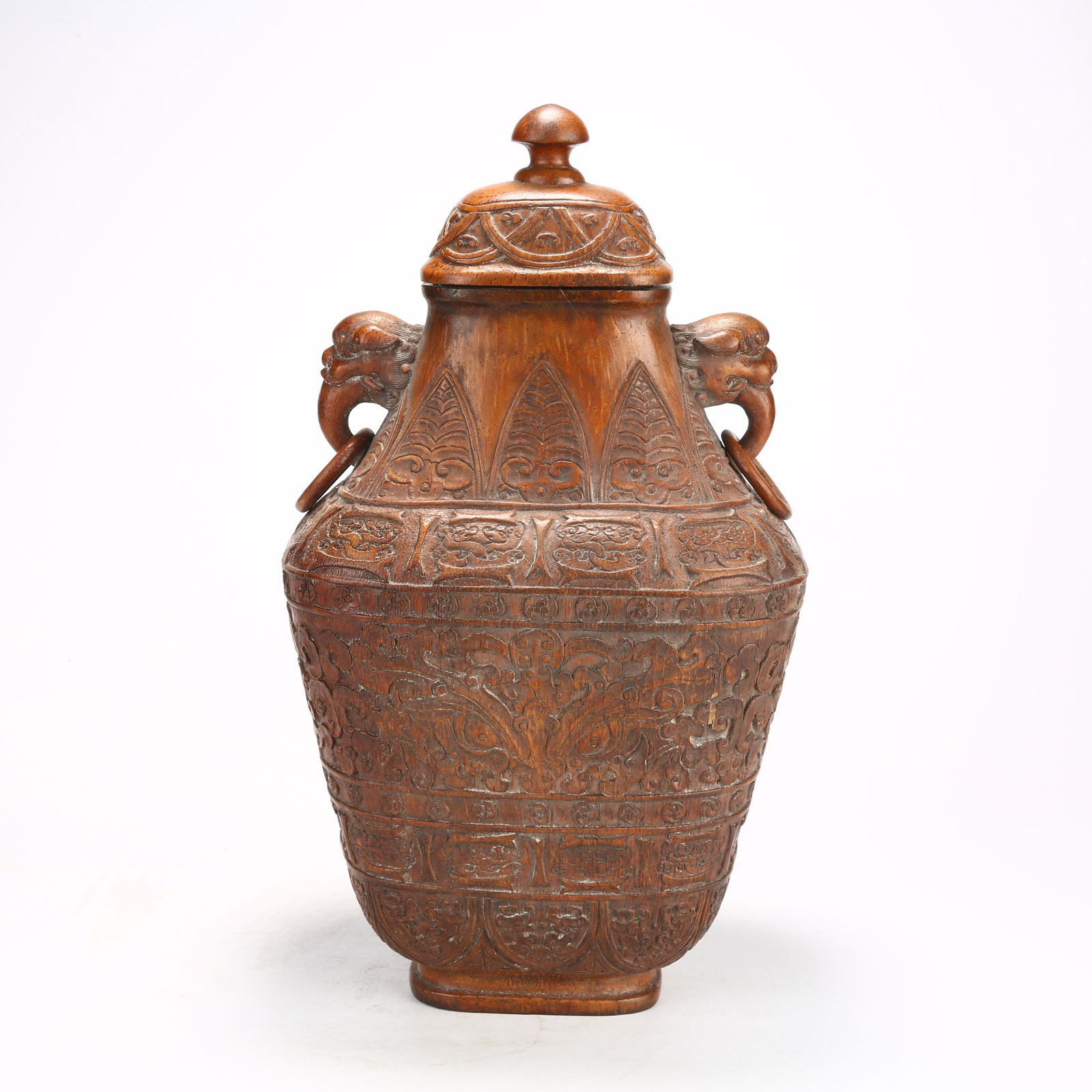 A ZHUGEN (BAMBOO ROOT) CARVED VASE WITH BEAST MASK AND LOOSE RING HANDLES: Zhugen (Bamboo Root) Carved Vase with Beast Mask and Loose Ring Handles