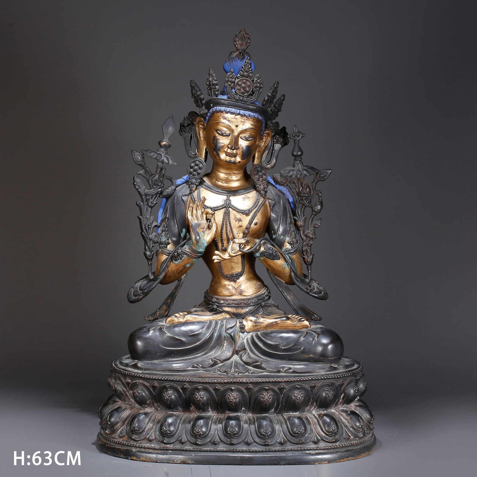 A GILT BRONZE MANJUSHRI BODHISATTVA STATUE: Gilt Bronze Manjushri Bodhisattva Statue