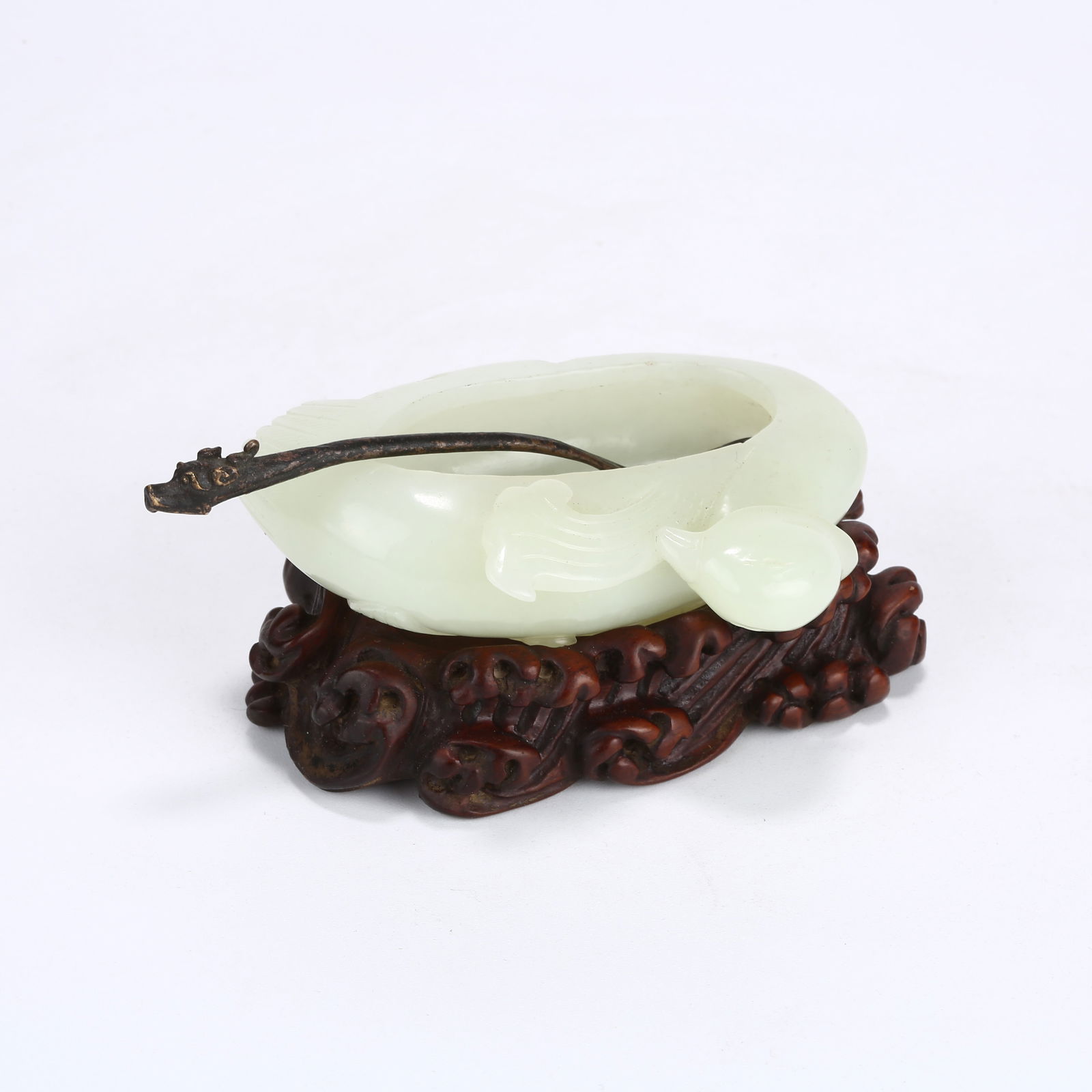 A HETIAN WHITE JADE MANDARIN DUCK-SHAPED WATER POT: Hetian White Jade Mandarin Duck-Shaped Water Pot